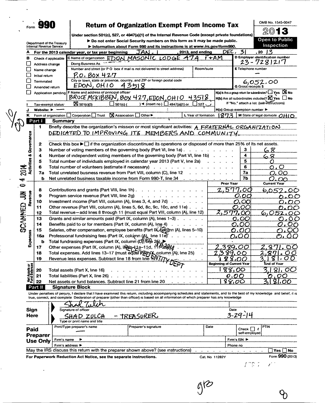 Image of first page of 2013 Form 990 for Free & Accepted Masons of Ohio - 474 Edon Lodge