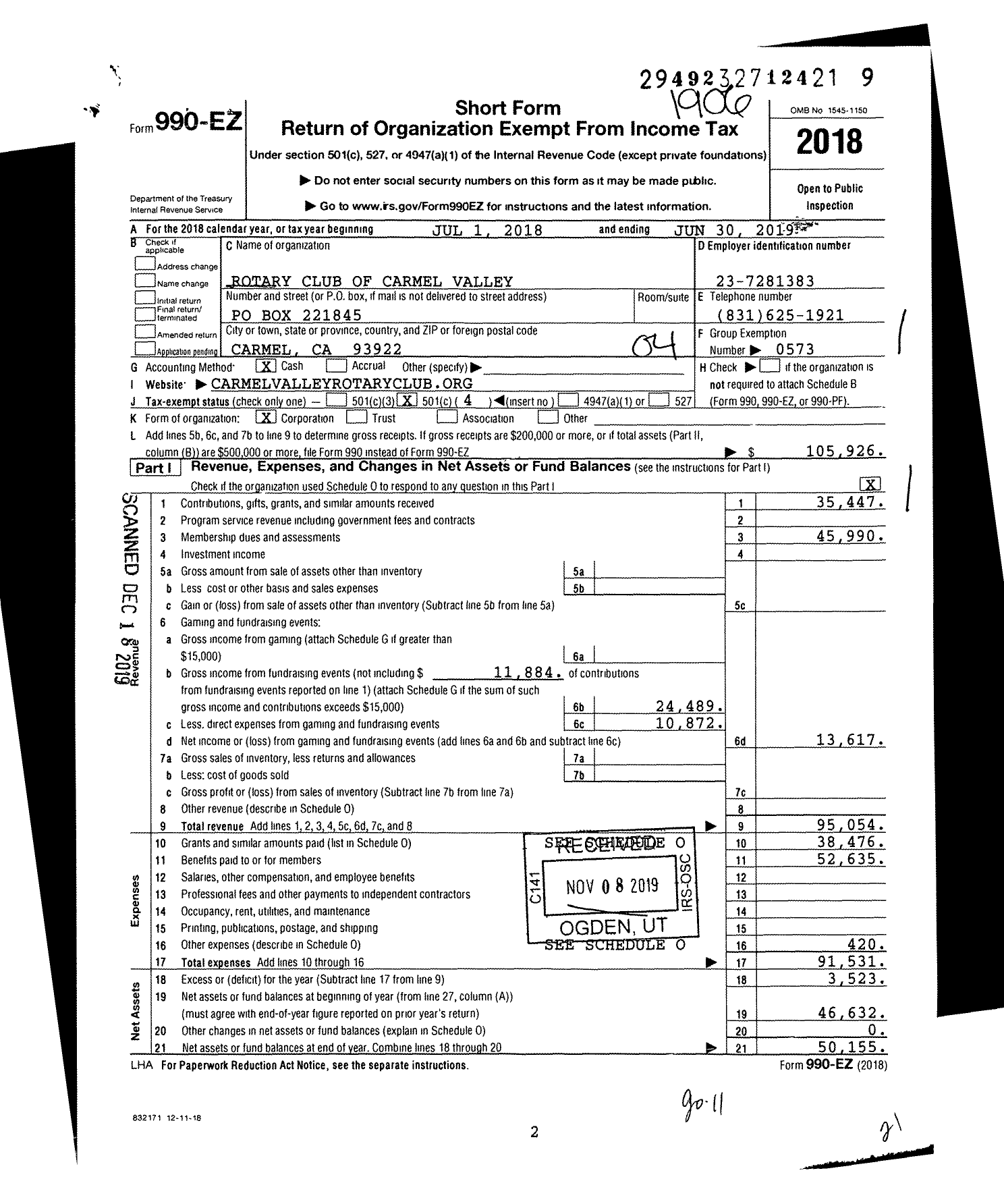 Image of first page of 2018 Form 990EO for Rotary International - Carmel Valley Rotary