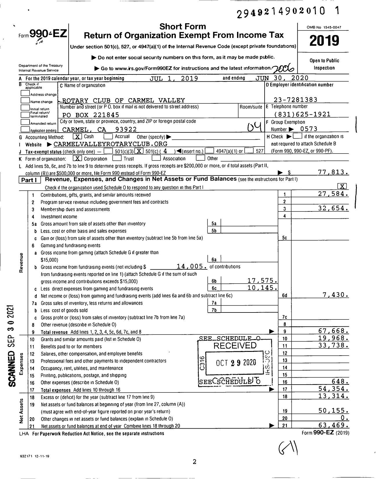 Image of first page of 2019 Form 990EO for Rotary International - Carmel Valley Rotary