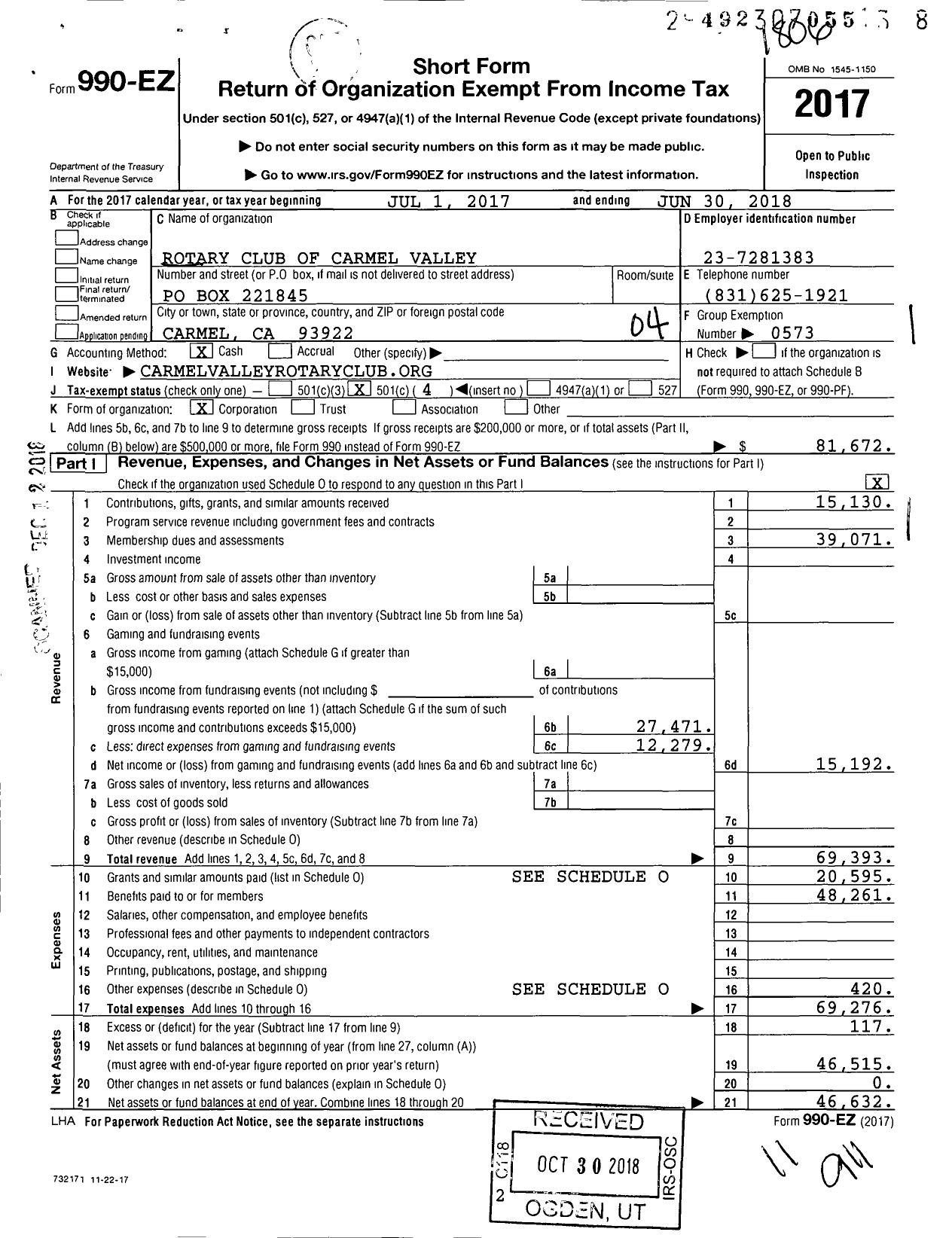 Image of first page of 2017 Form 990EO for Rotary International - Carmel Valley Rotary