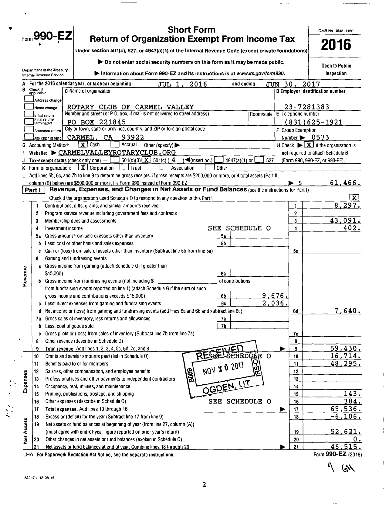 Image of first page of 2016 Form 990EO for Rotary International - Carmel Valley Rotary