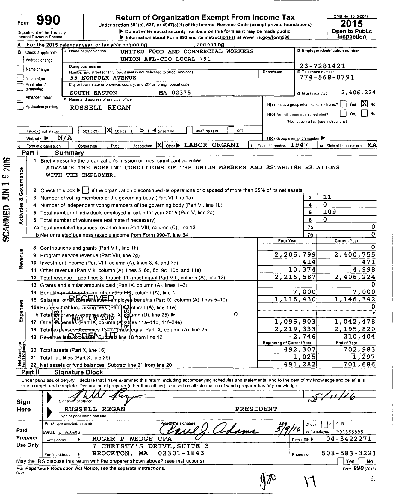 Image of first page of 2015 Form 990O for United Food & Commercial Workers Union - 791 Local