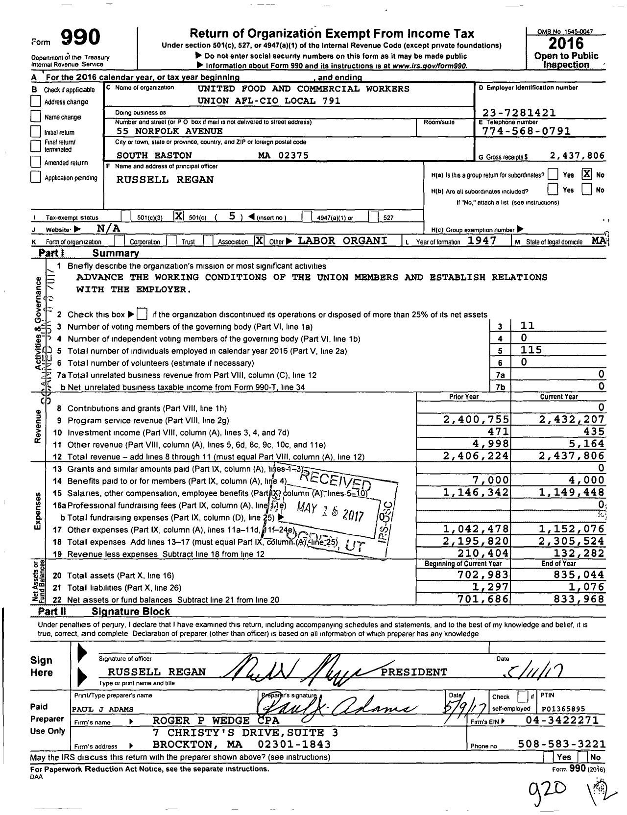 Image of first page of 2016 Form 990O for United Food & Commercial Workers Union - 791 Local