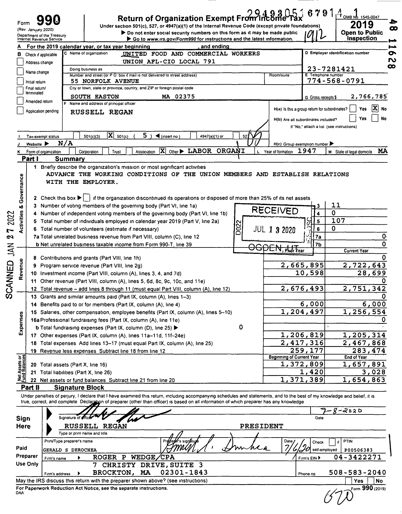 Image of first page of 2019 Form 990O for United Food & Commercial Workers Union - 791 Local