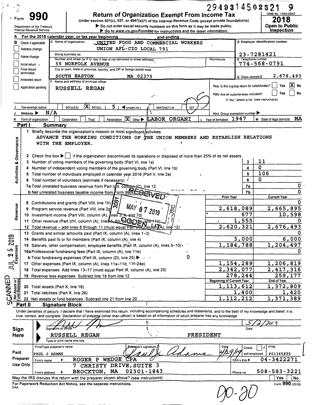 Image of first page of 2018 Form 990O for United Food & Commercial Workers Union - 791 Local