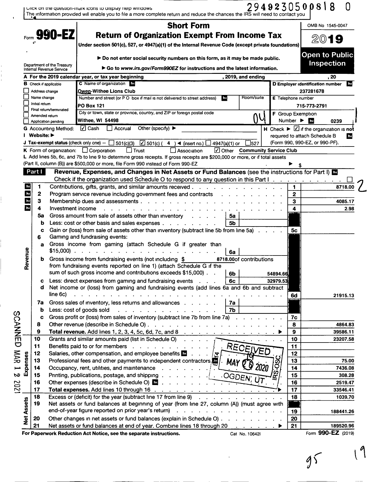 Image of first page of 2019 Form 990EO for Lions Clubs - 10567 Owen-Withee