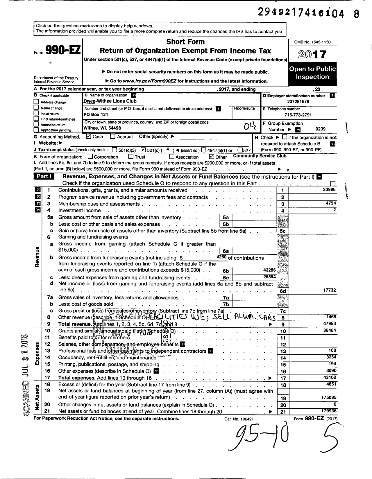 Image of first page of 2017 Form 990EO for Lions Clubs - 10567 Owen-Withee