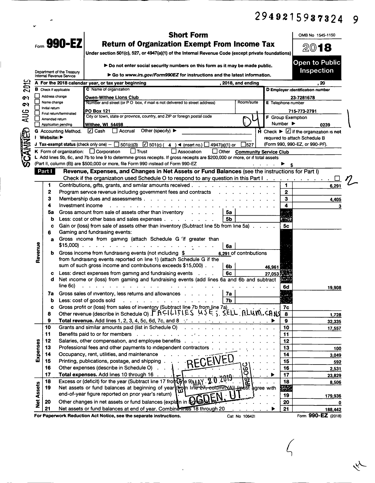 Image of first page of 2018 Form 990EO for Lions Clubs - 10567 Owen-Withee