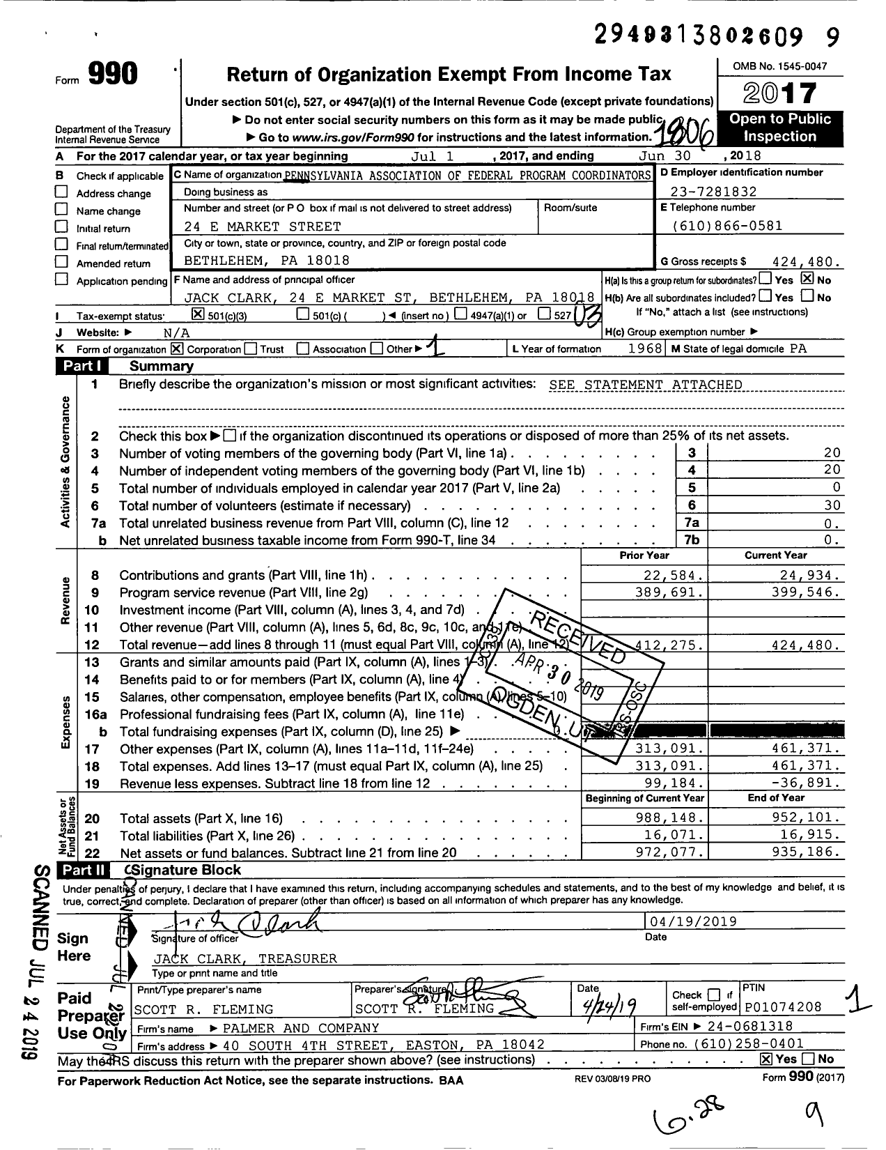 Image of first page of 2017 Form 990 for Pennsylvania Association of Federal Program Coordinators