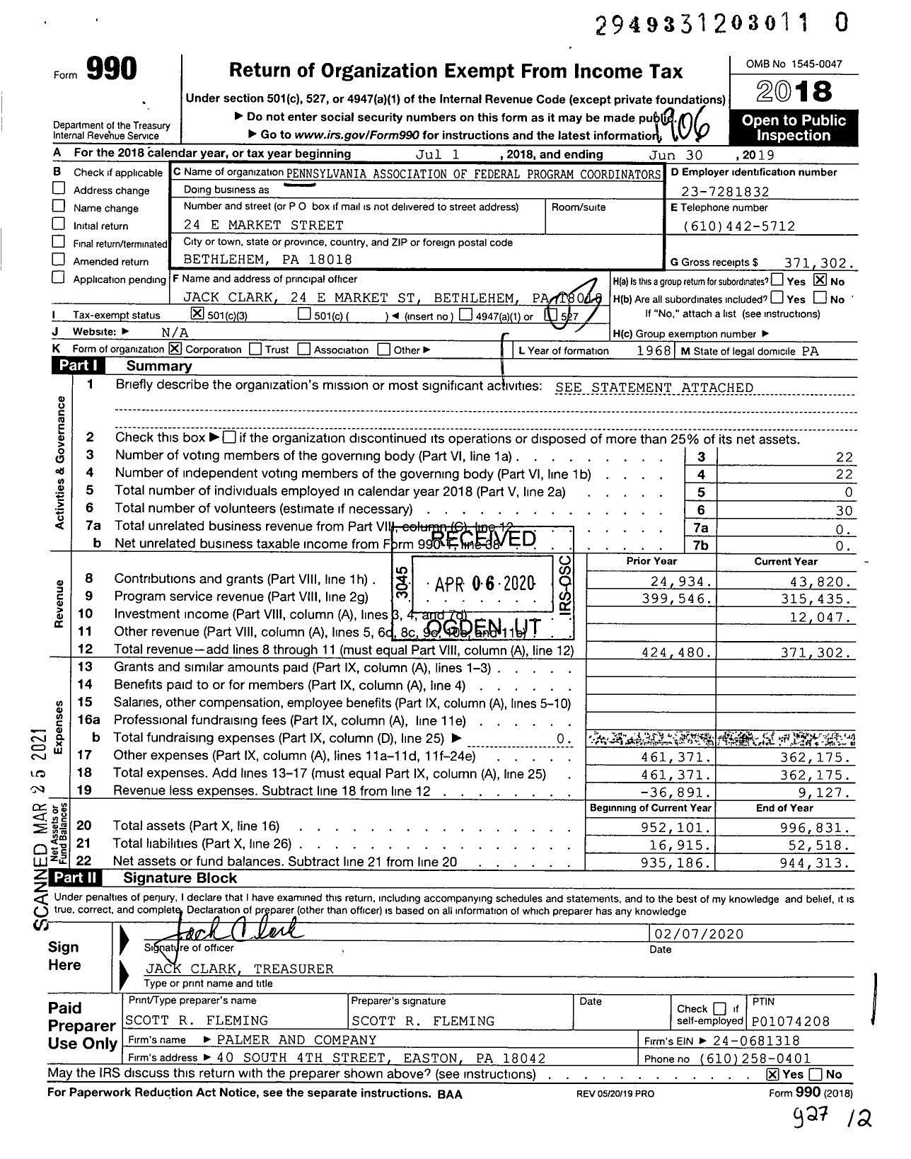 Image of first page of 2018 Form 990 for Pennsylvania Association of Federal Program Coordinators