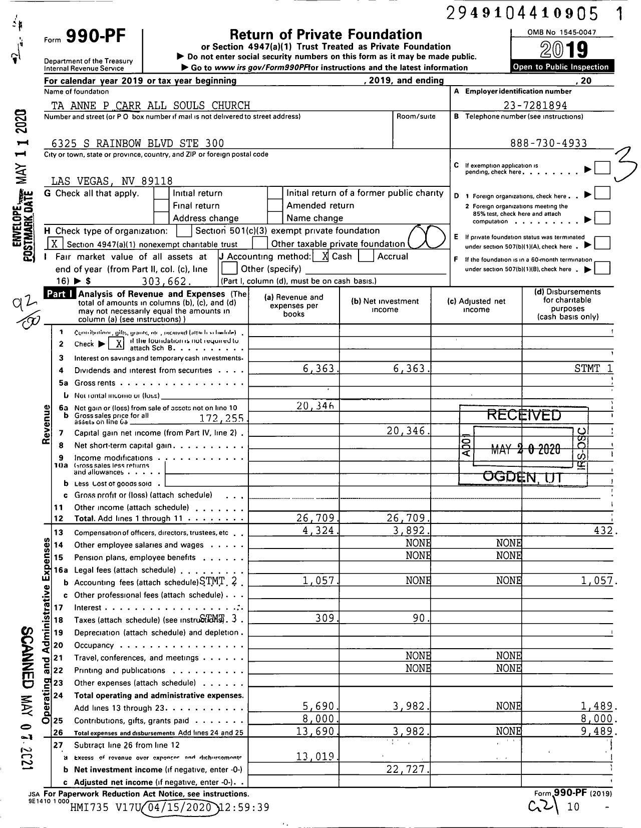 Image of first page of 2019 Form 990PF for Ta Anne P Carr All Souls Church