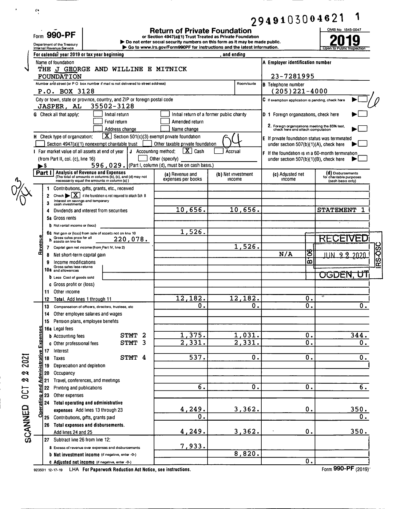 Image of first page of 2019 Form 990PF for The J George and Willine E Mitnick Foundation