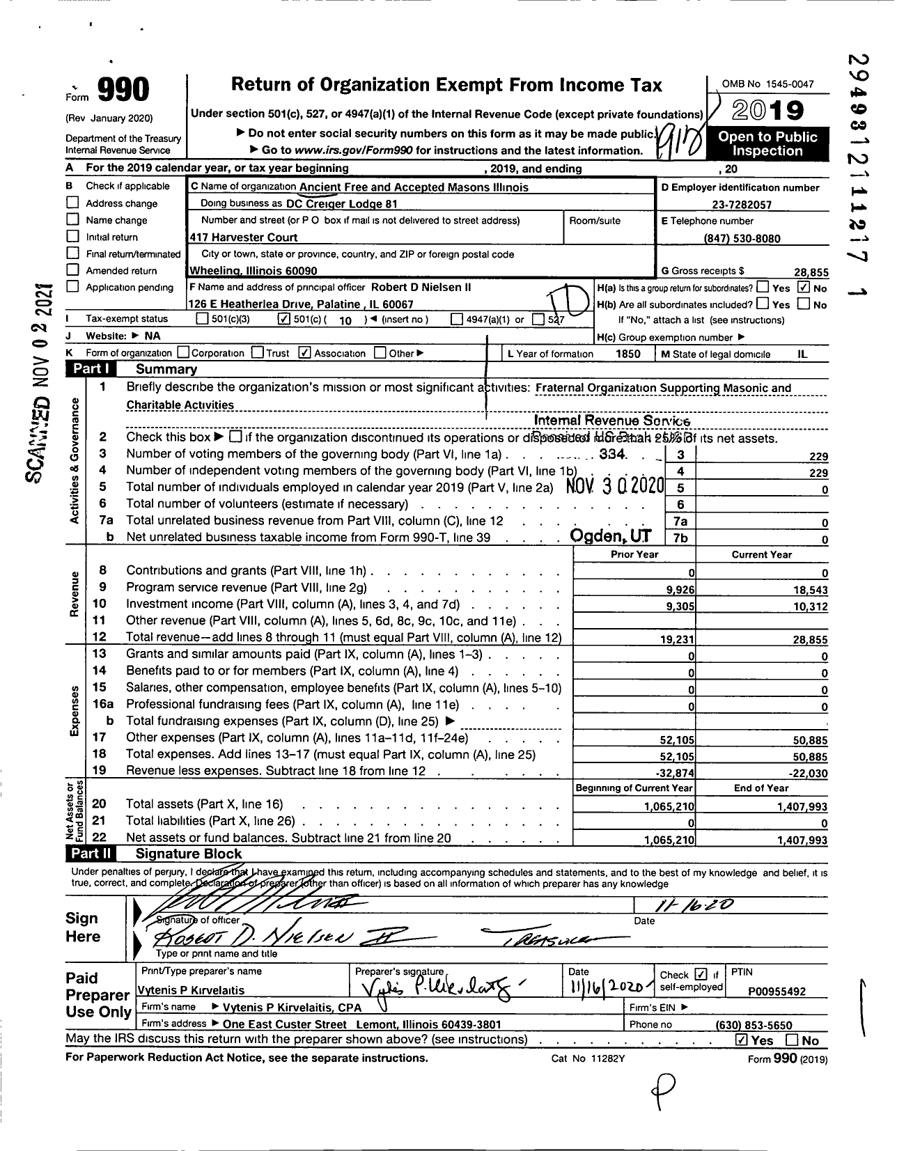 Image of first page of 2019 Form 990O for Ancient Free & Accepted Masons of Illinois - DC Cregier Lodge 81