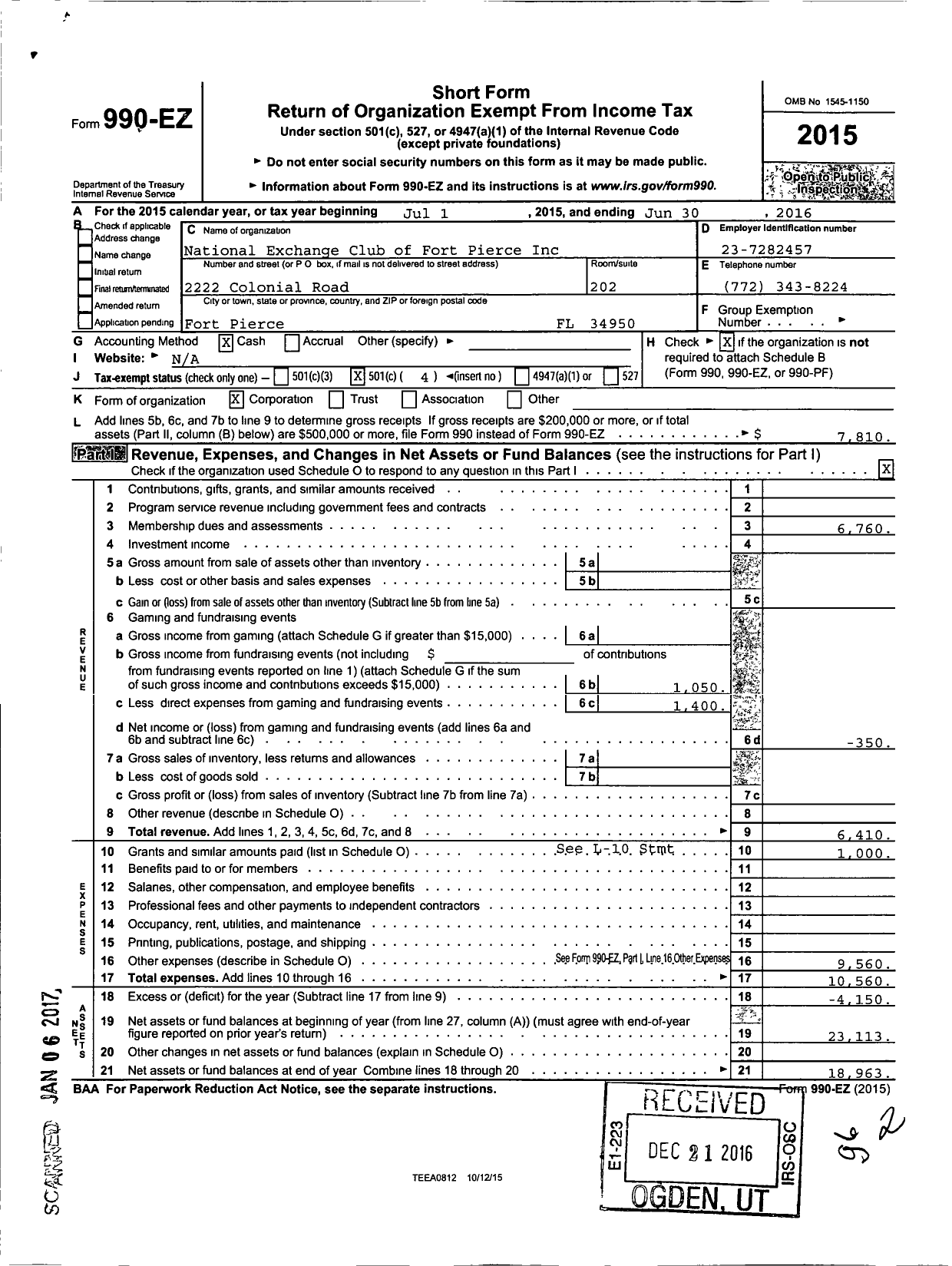 Image of first page of 2015 Form 990EO for National Exchange Club of Fort Pierce