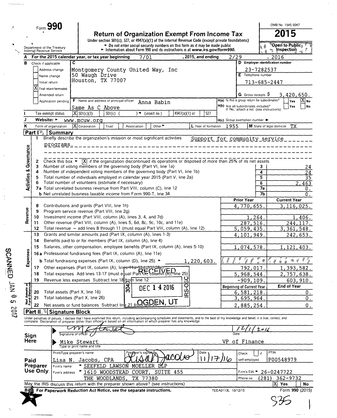 Image of first page of 2015 Form 990 for Montgomery County United Way (MCUW)