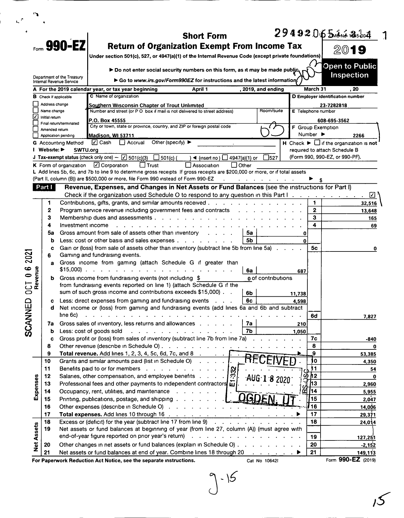 Image of first page of 2019 Form 990EZ for Trout Unlimited - 061 Southern Wisconsin