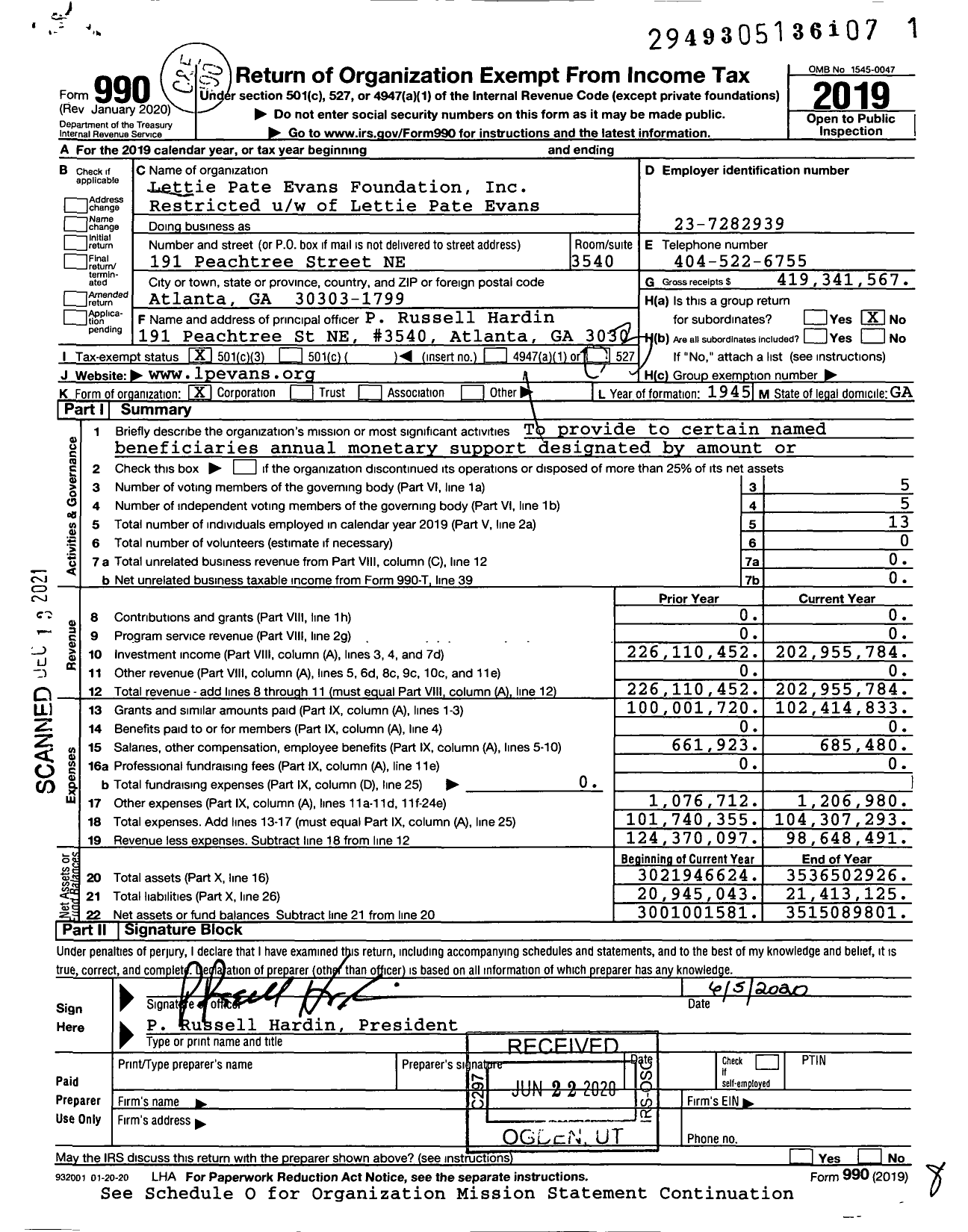 Image of first page of 2019 Form 990 for Lettie Pate Evans Foundation