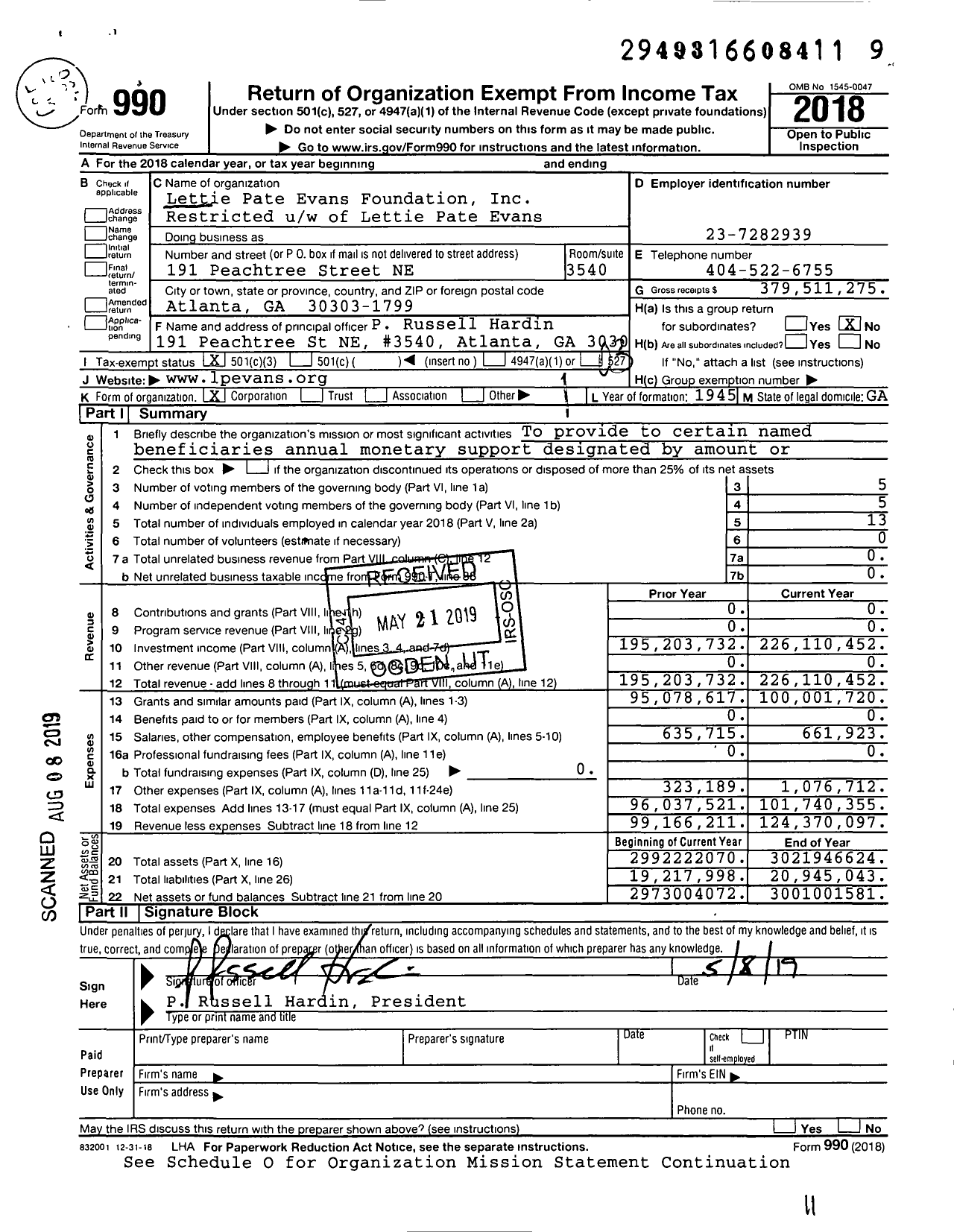 Image of first page of 2018 Form 990 for Lettie Pate Evans Foundation