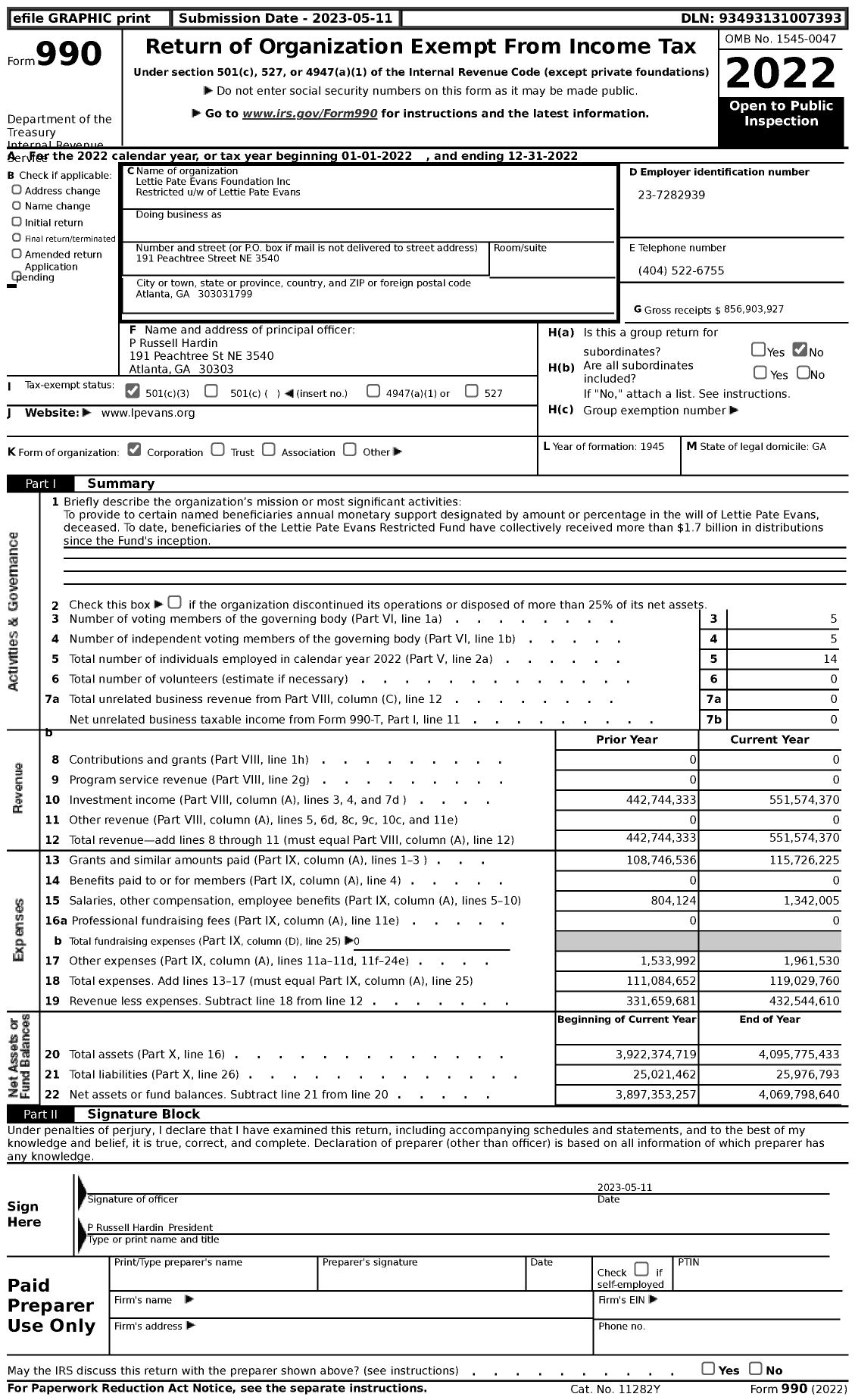 Image of first page of 2022 Form 990 for Lettie Pate Evans Foundation