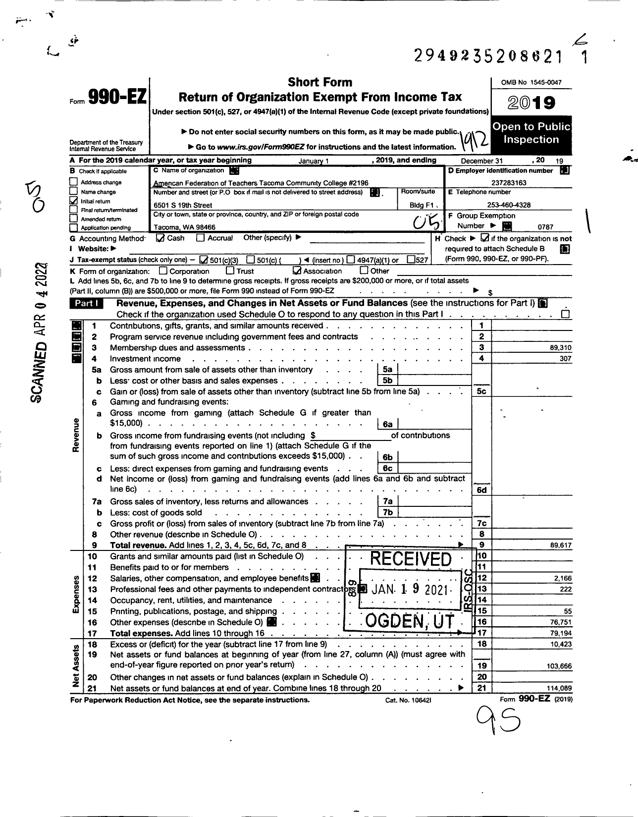 Image of first page of 2019 Form 990EO for AMERICAN FEDERATION OF TEACHERS - 2196 Tacoma Comm College FEDERATION