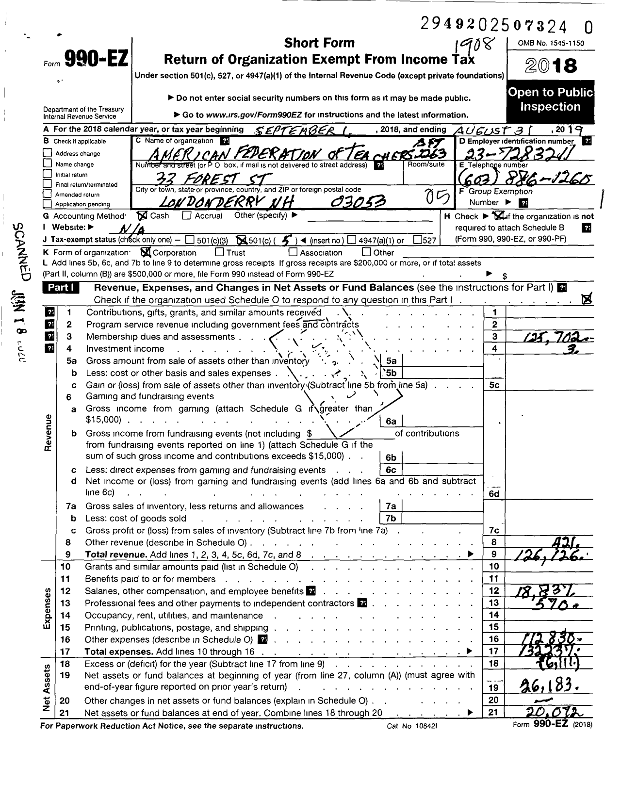 Image of first page of 2018 Form 990EO for American Federation of Teachers - 2263 Hudson Aft