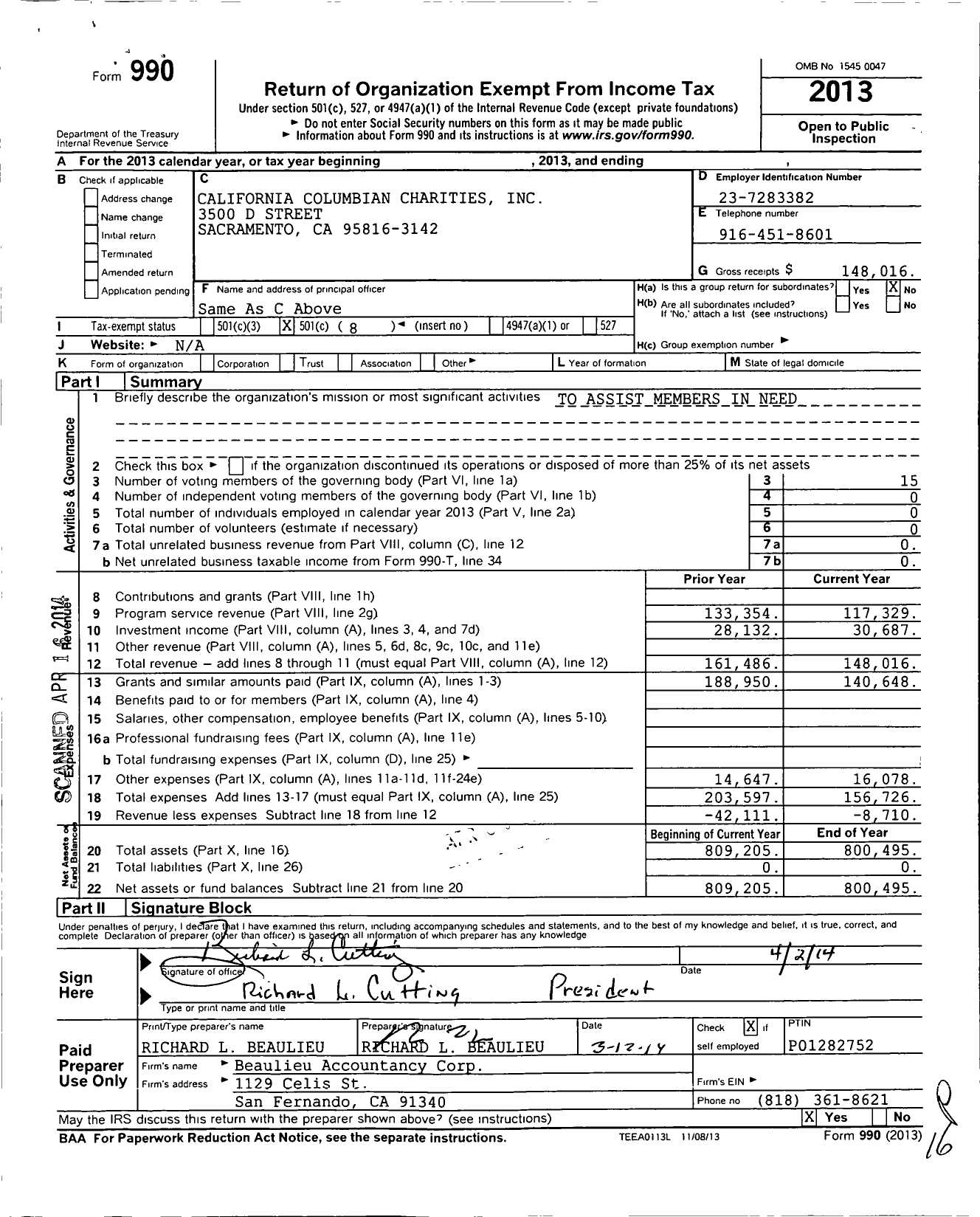 Image of first page of 2013 Form 990O for California Columbian Charities