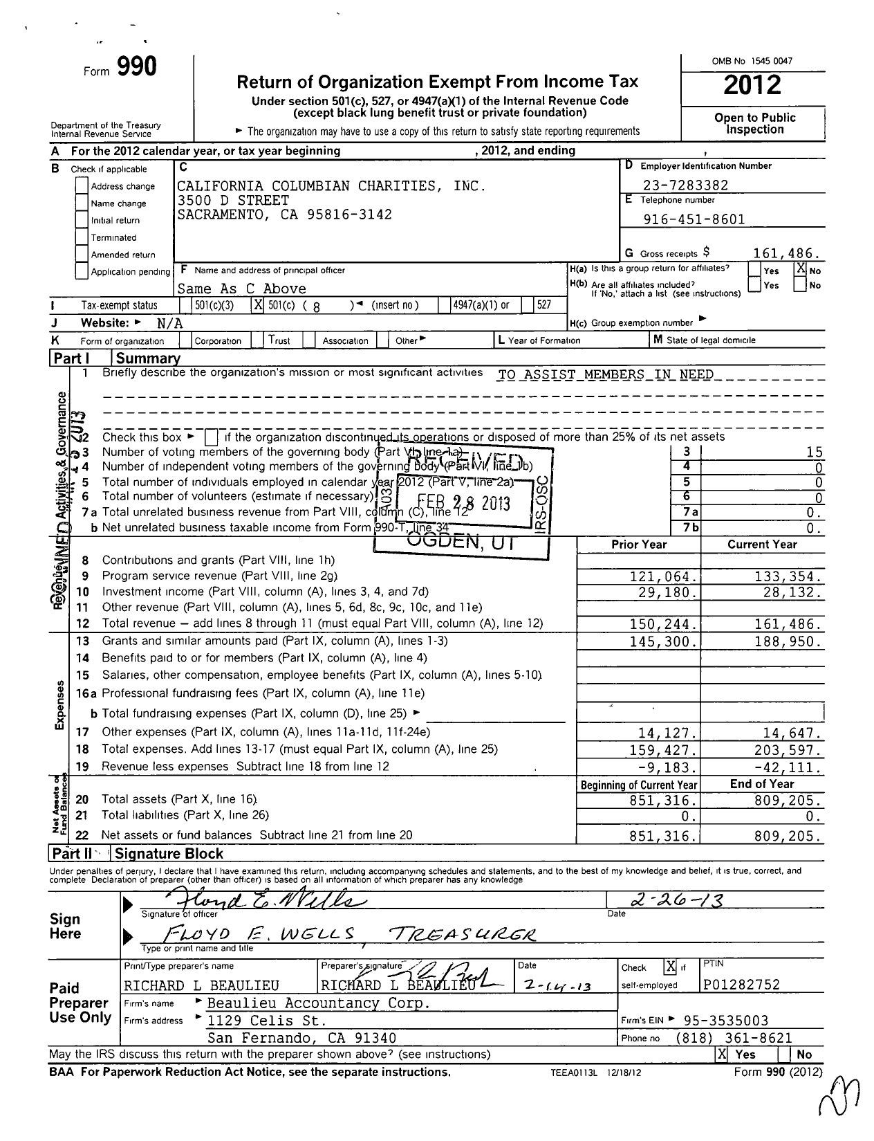 Image of first page of 2012 Form 990O for California Columbian Charities