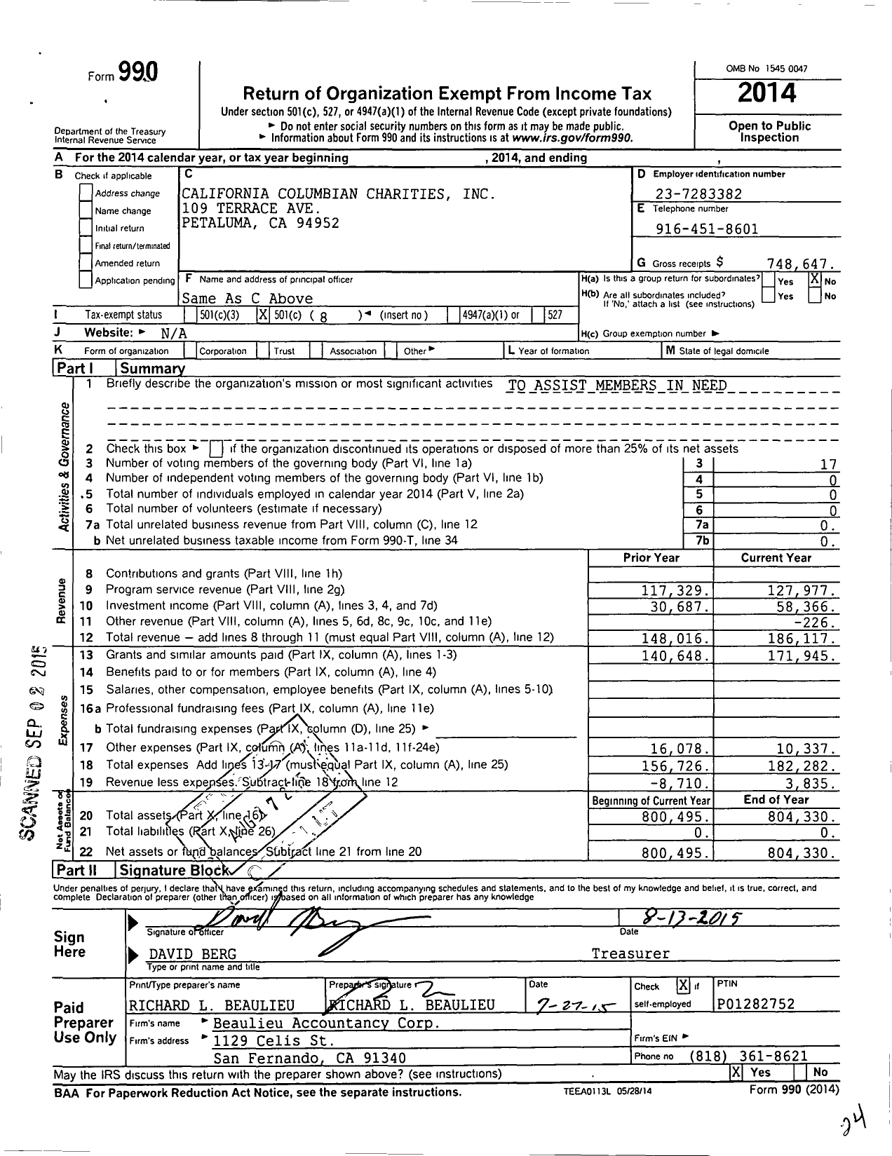 Image of first page of 2014 Form 990O for California Columbian Charities