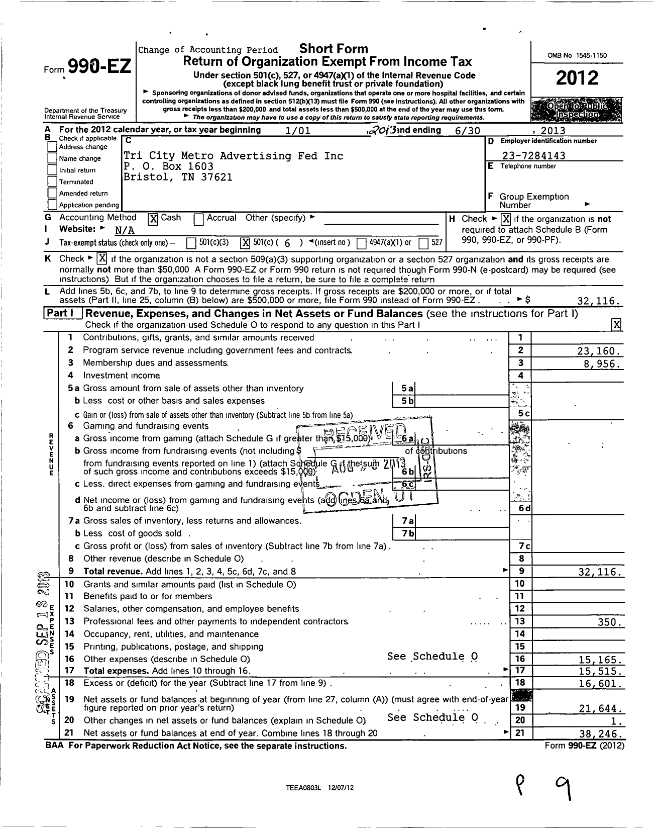 Image of first page of 2012 Form 990EO for Tri City Metro Advertising Fed