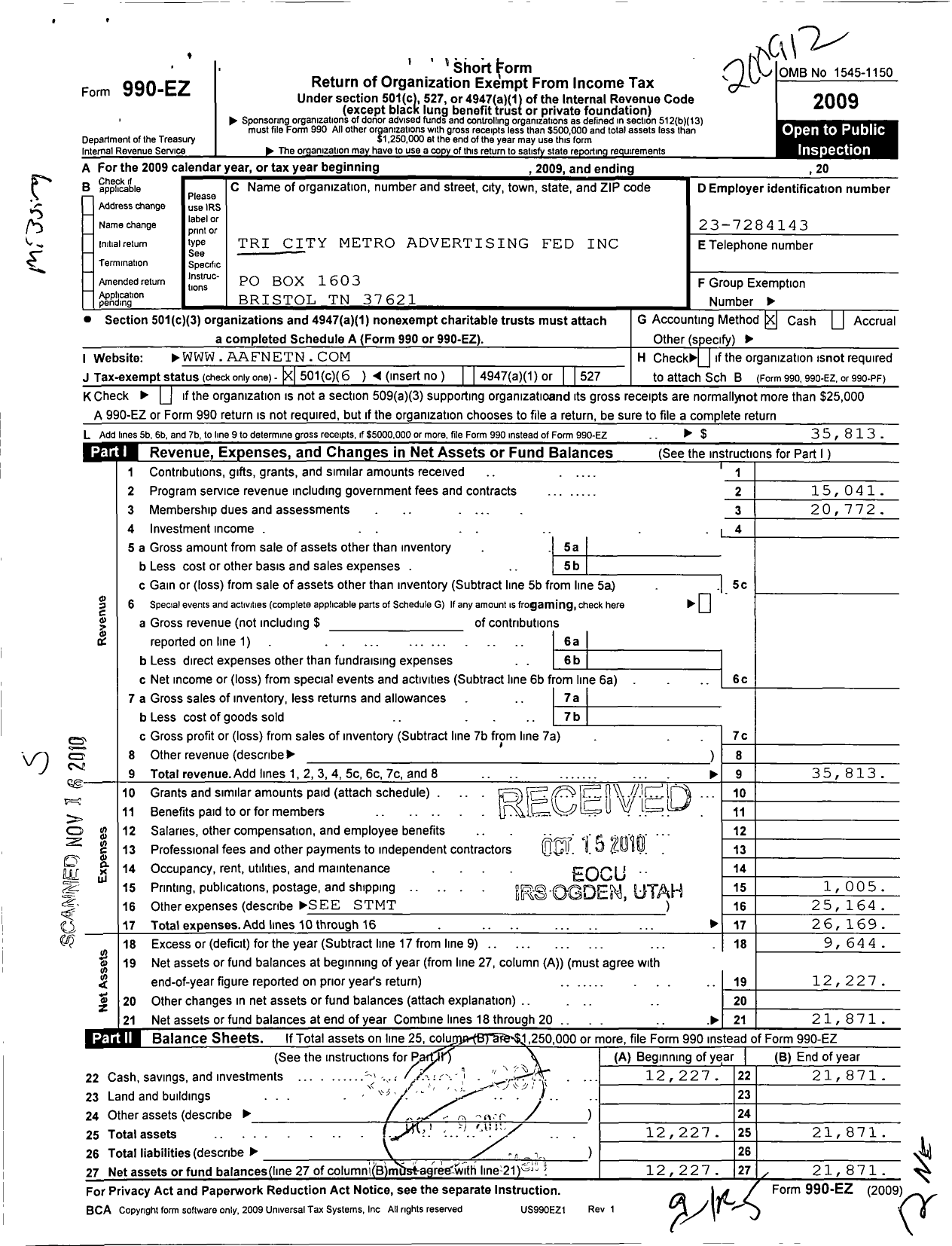 Image of first page of 2009 Form 990EO for Tri City Metro Advertising Fed