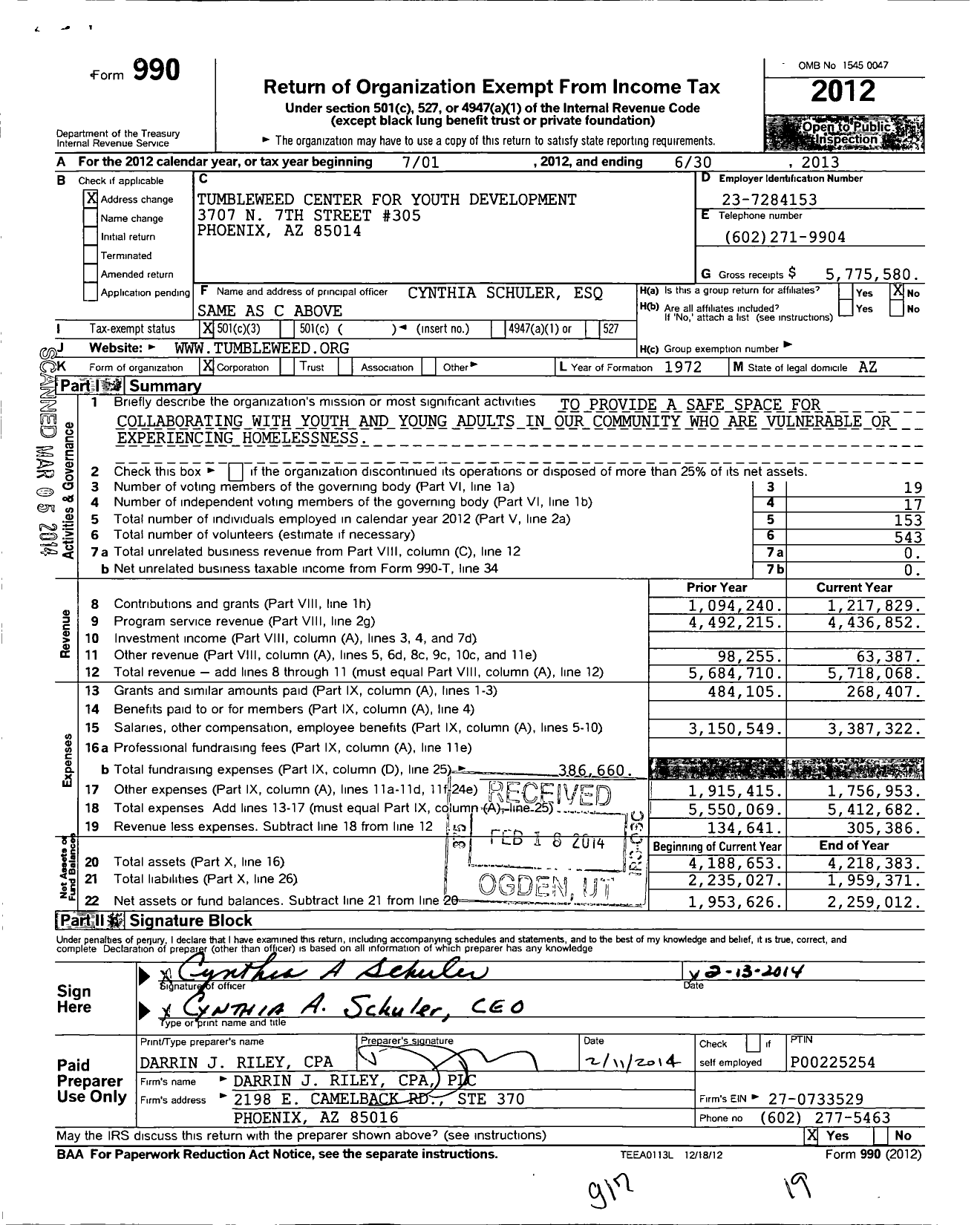 Image of first page of 2012 Form 990 for Tumbleweed Center for Youth Development