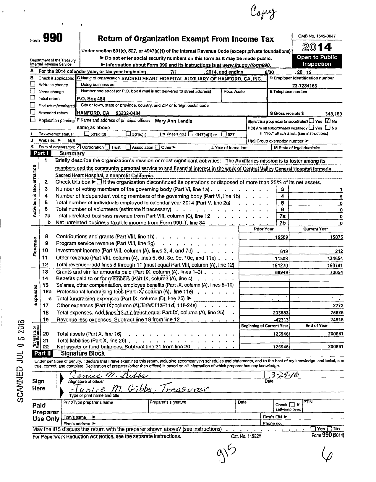 Image of first page of 2014 Form 990O for Sacred Heart Hospital Auxiliary of Hanford Ca