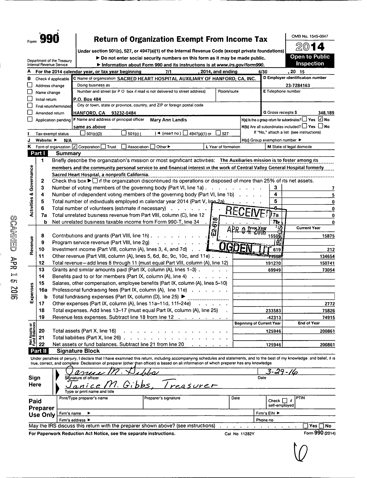 Image of first page of 2014 Form 990O for Sacred Heart Hospital Auxiliary of Hanford Ca