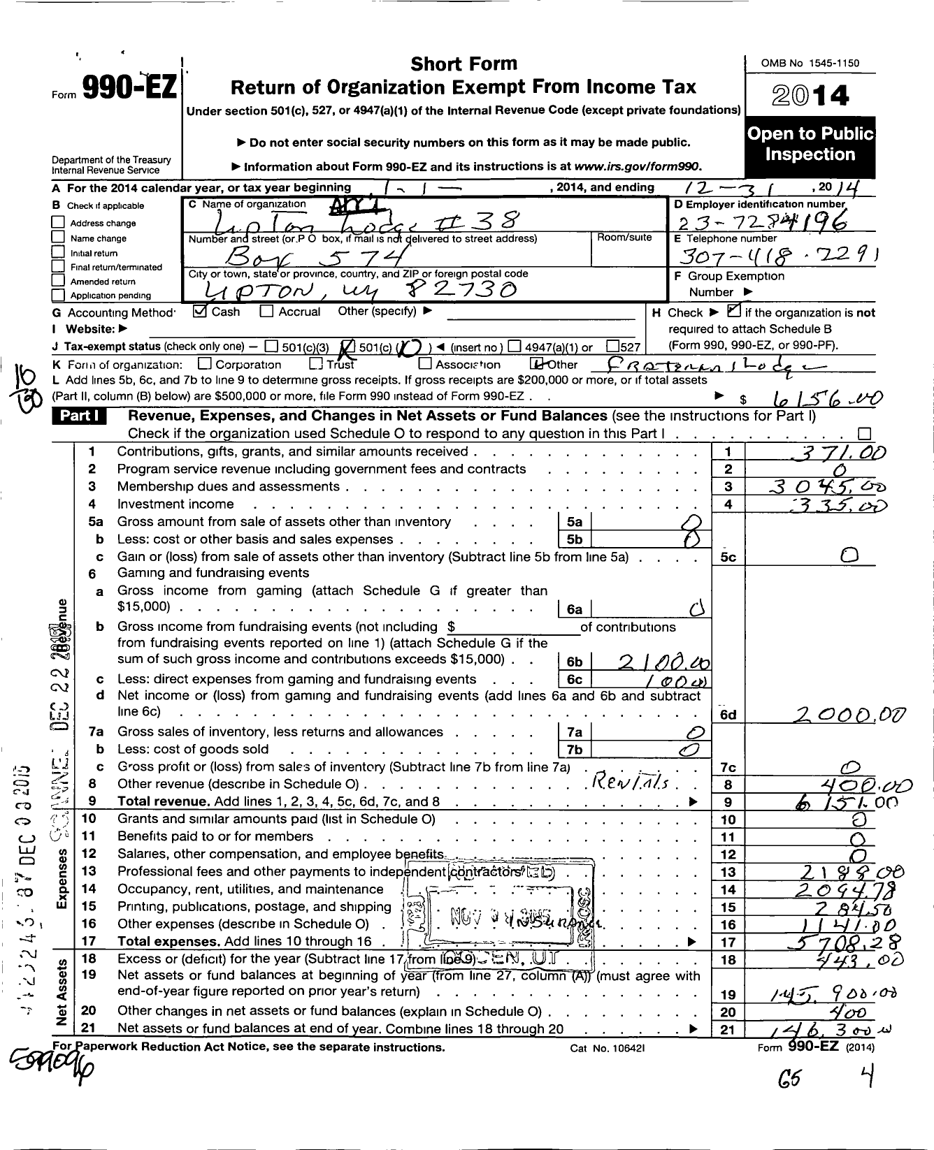 Image of first page of 2014 Form 990EO for Ancient Free and Accepted Masons of Wyoming - 38 Upton