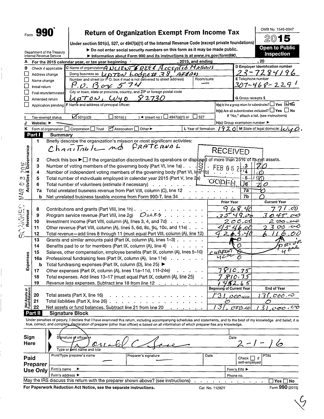 Image of first page of 2015 Form 990 for Ancient Free and Accepted Masons of Wyoming - 38 Upton