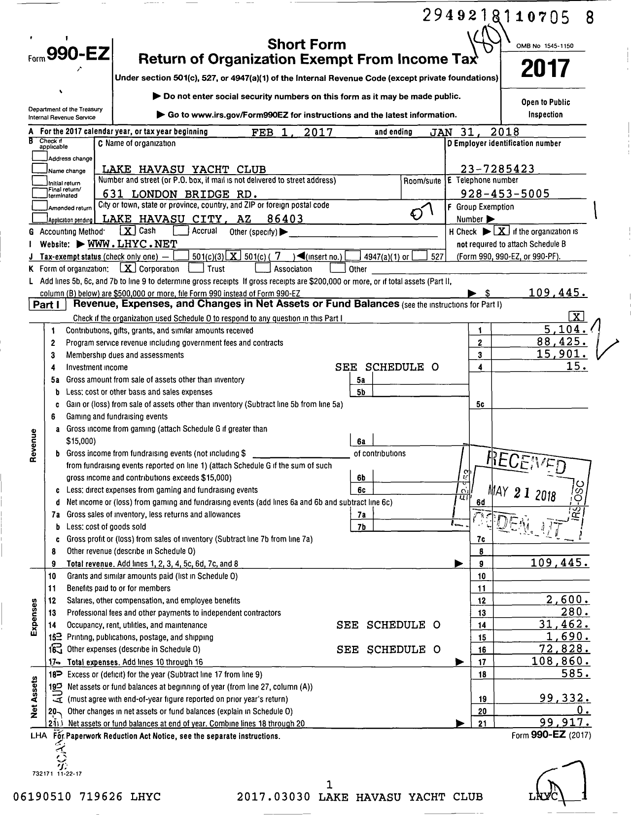 Image of first page of 2017 Form 990EO for Lake Havasu Yacht Club