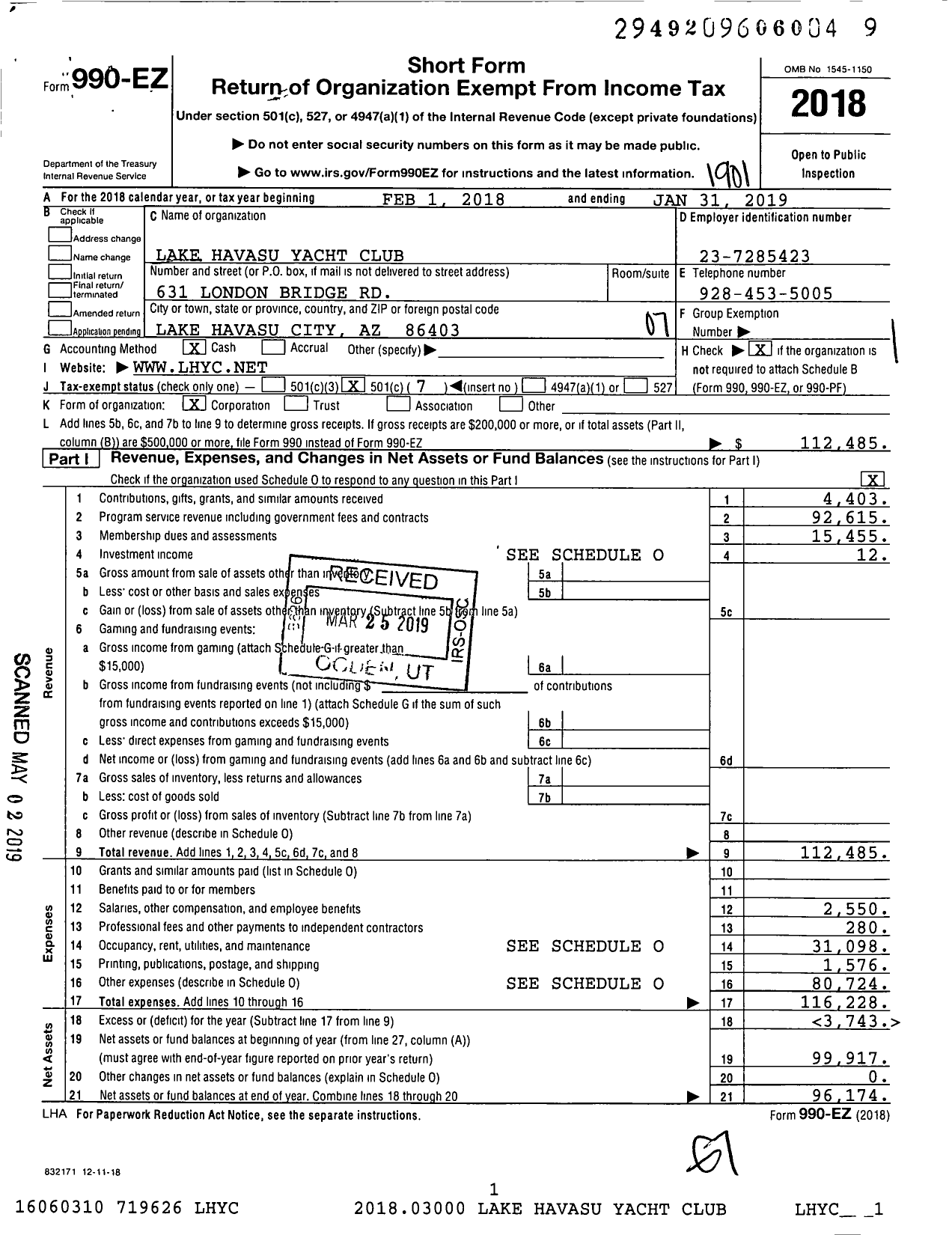 Image of first page of 2018 Form 990EO for Lake Havasu Yacht Club