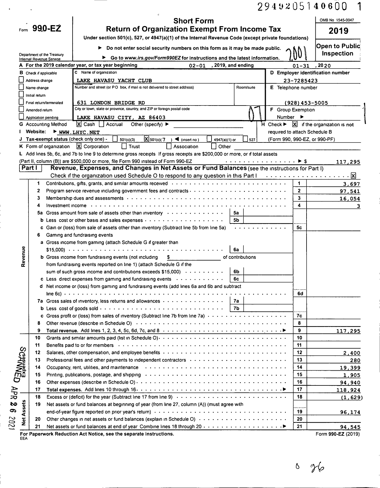 Image of first page of 2019 Form 990EO for Lake Havasu Yacht Club