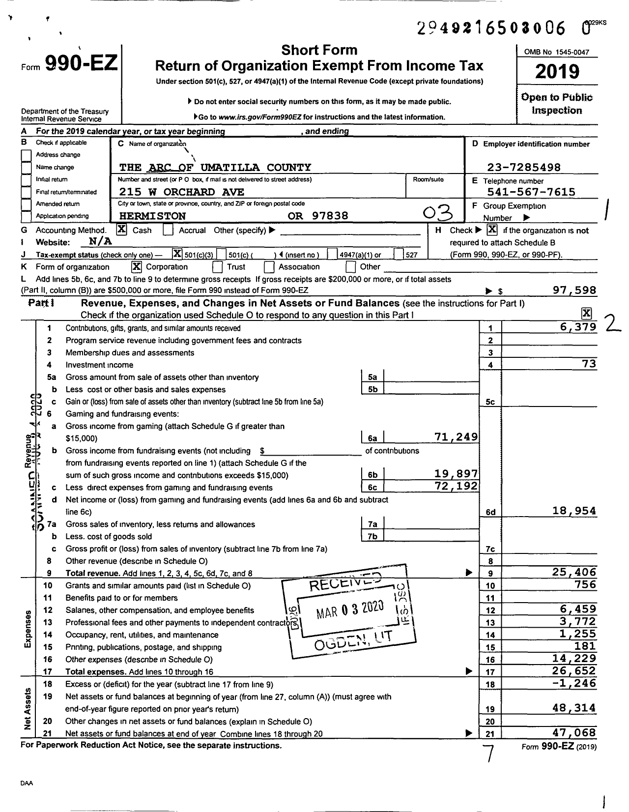 Image of first page of 2019 Form 990EZ for Association for Retarded Citizens of Umatilla County