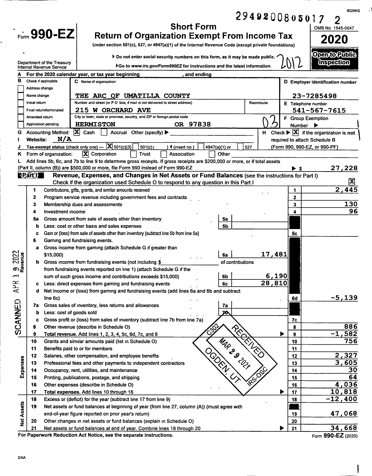 Image of first page of 2020 Form 990EZ for Association for Retarded Citizens of Umatilla County