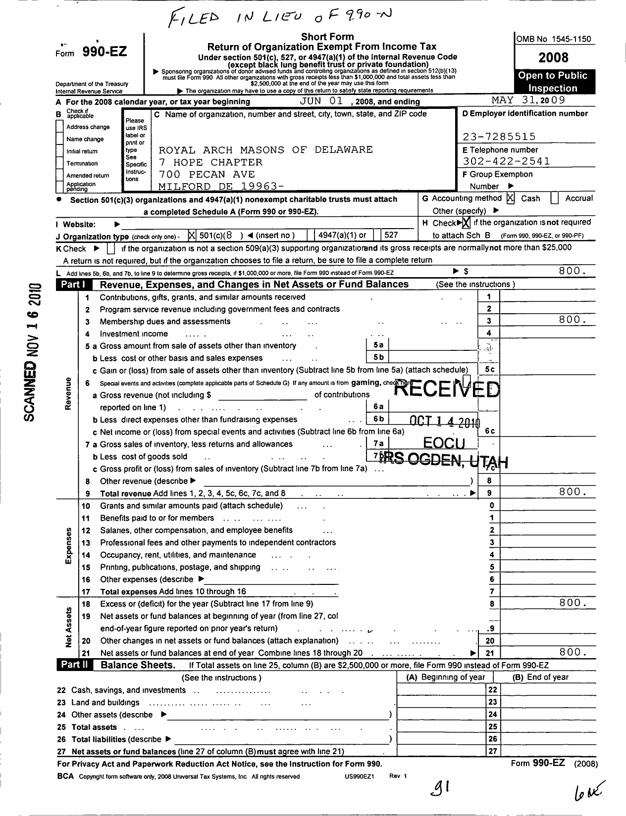 Image of first page of 2008 Form 990EO for Royal Arch Masons of Delaware - 7 Hope Chapter