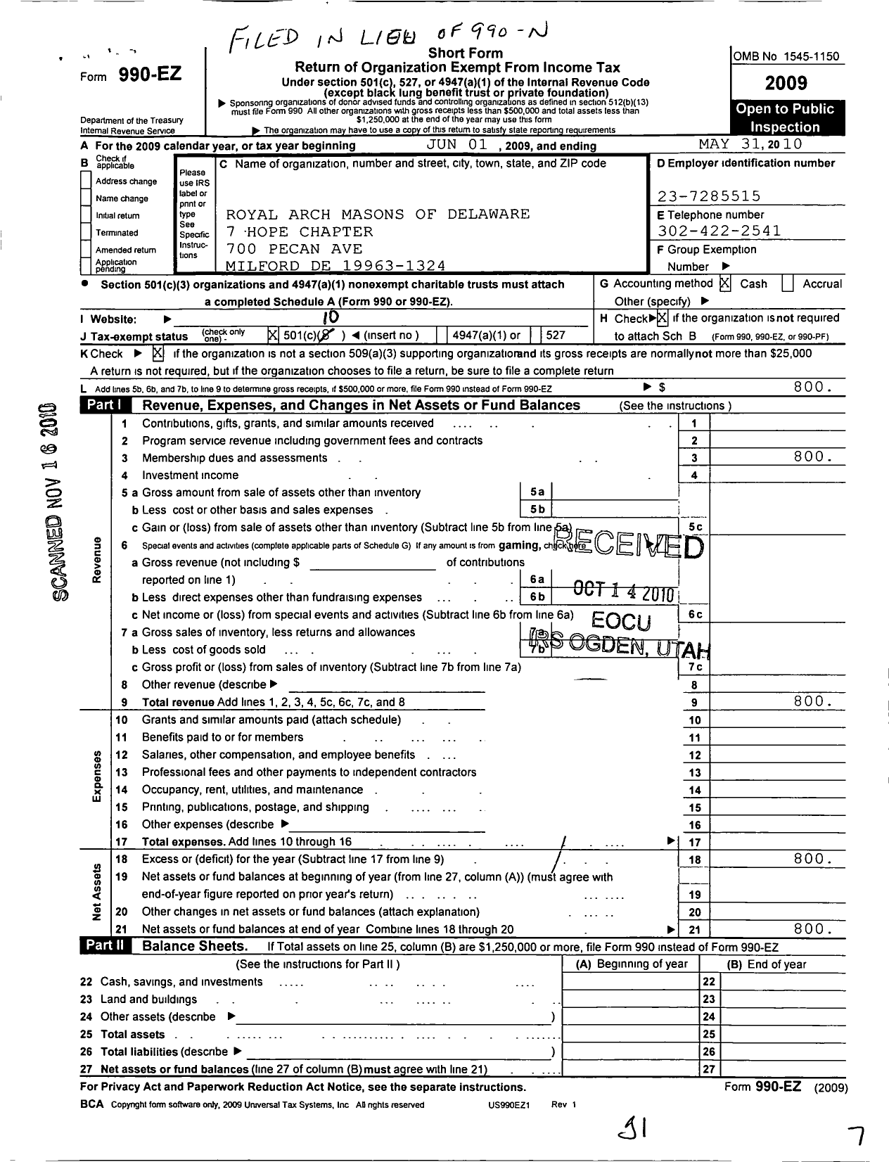 Image of first page of 2009 Form 990EO for Royal Arch Masons of Delaware - 7 Hope Chapter