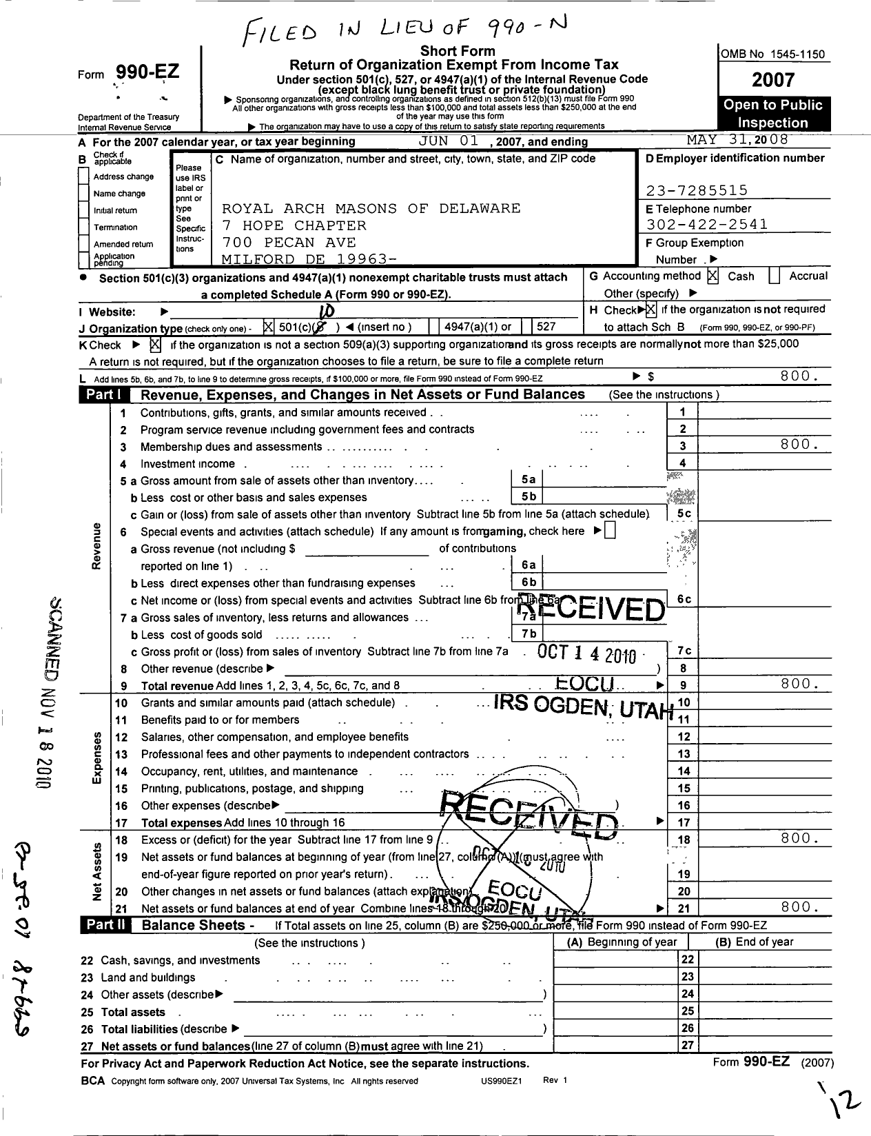 Image of first page of 2007 Form 990EO for Royal Arch Masons of Delaware - 7 Hope Chapter