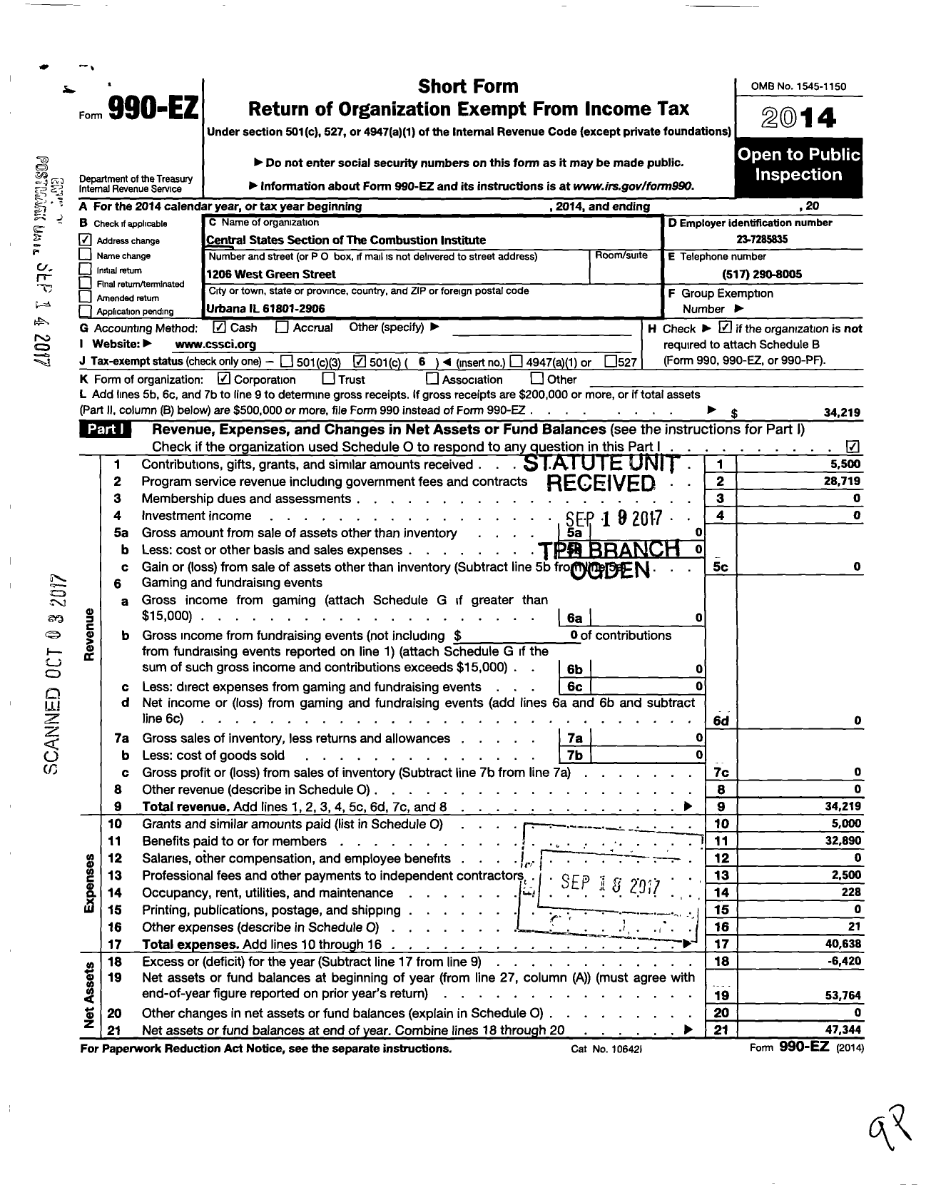 Image of first page of 2014 Form 990EO for Central States Section of the Combustion Institute