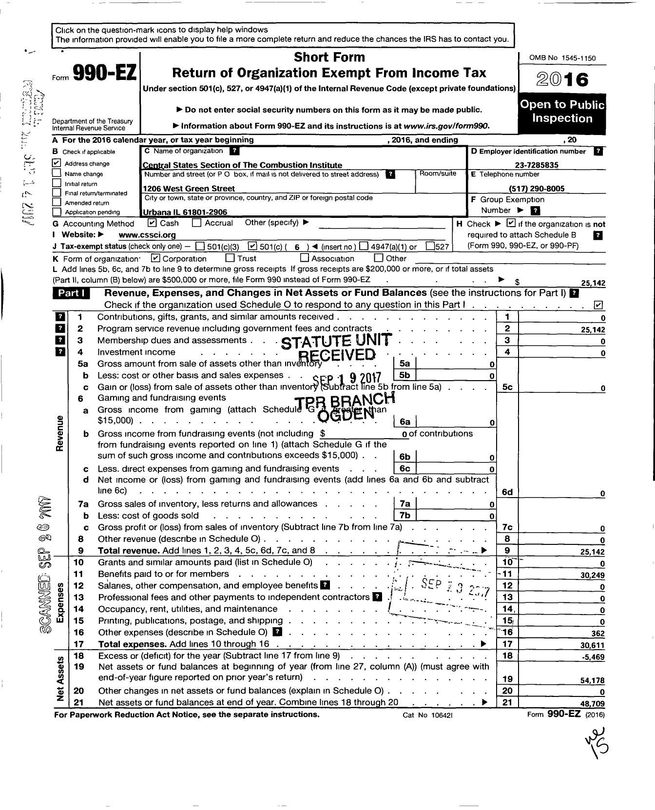 Image of first page of 2016 Form 990EO for Central States Section of the Combustion Institute