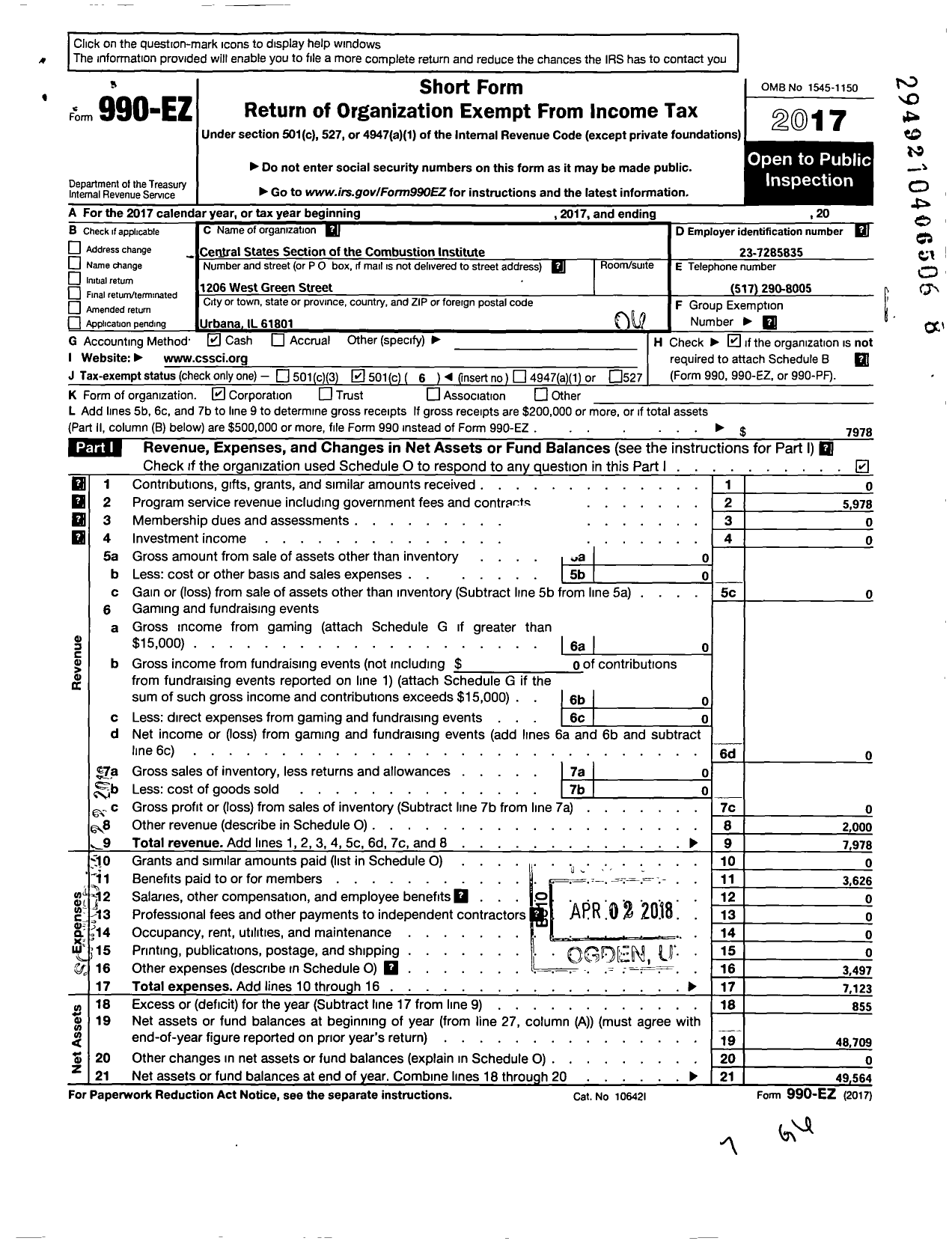 Image of first page of 2017 Form 990EO for Central States Section of the Combustion Institute