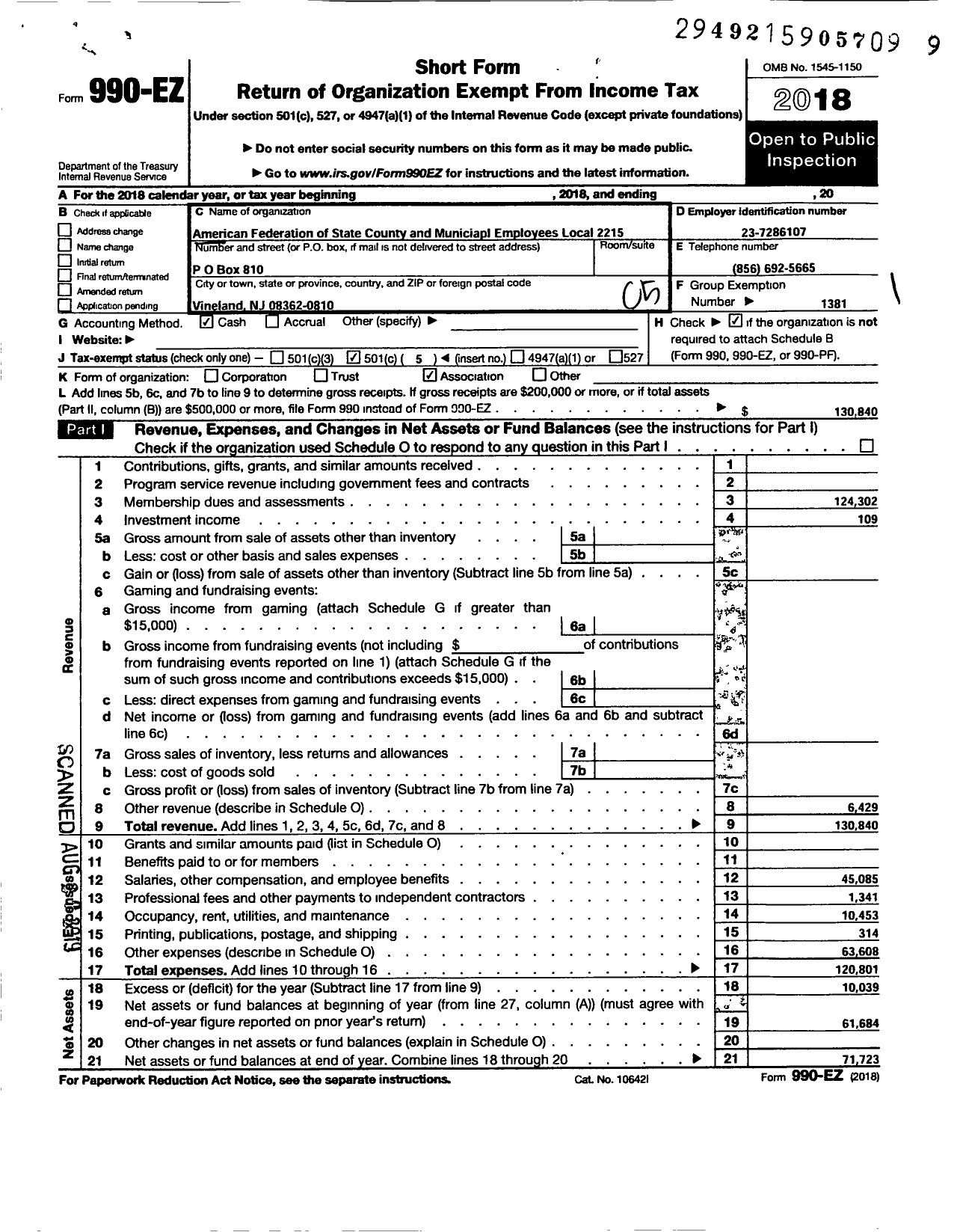 Image of first page of 2018 Form 990EO for American Federation of State County & Municipal Employees - L2215NJ NJ Health Rehab Vineland