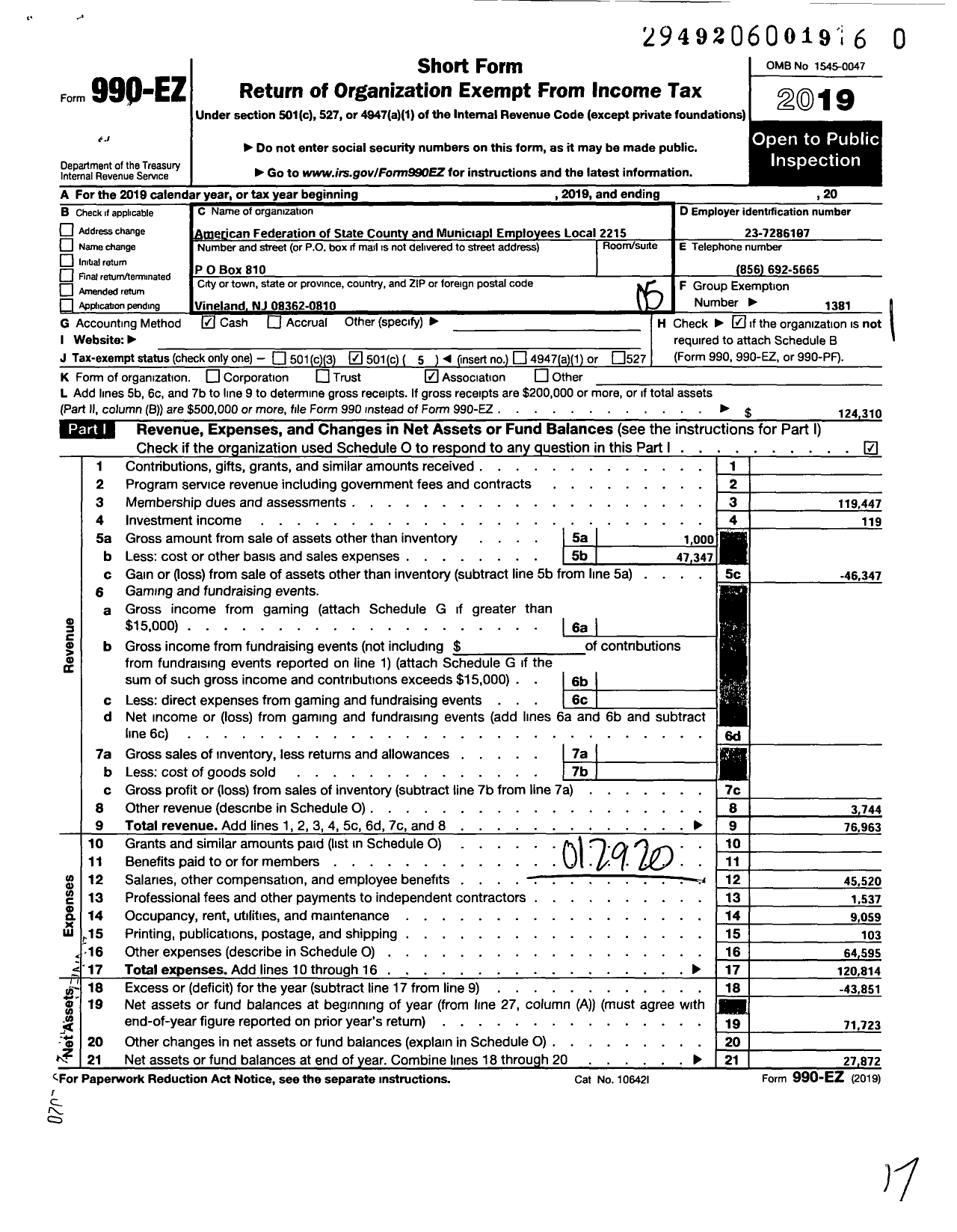 Image of first page of 2019 Form 990EO for American Federation of State County & Municipal Employees - L2215NJ NJ Health Rehab Vineland