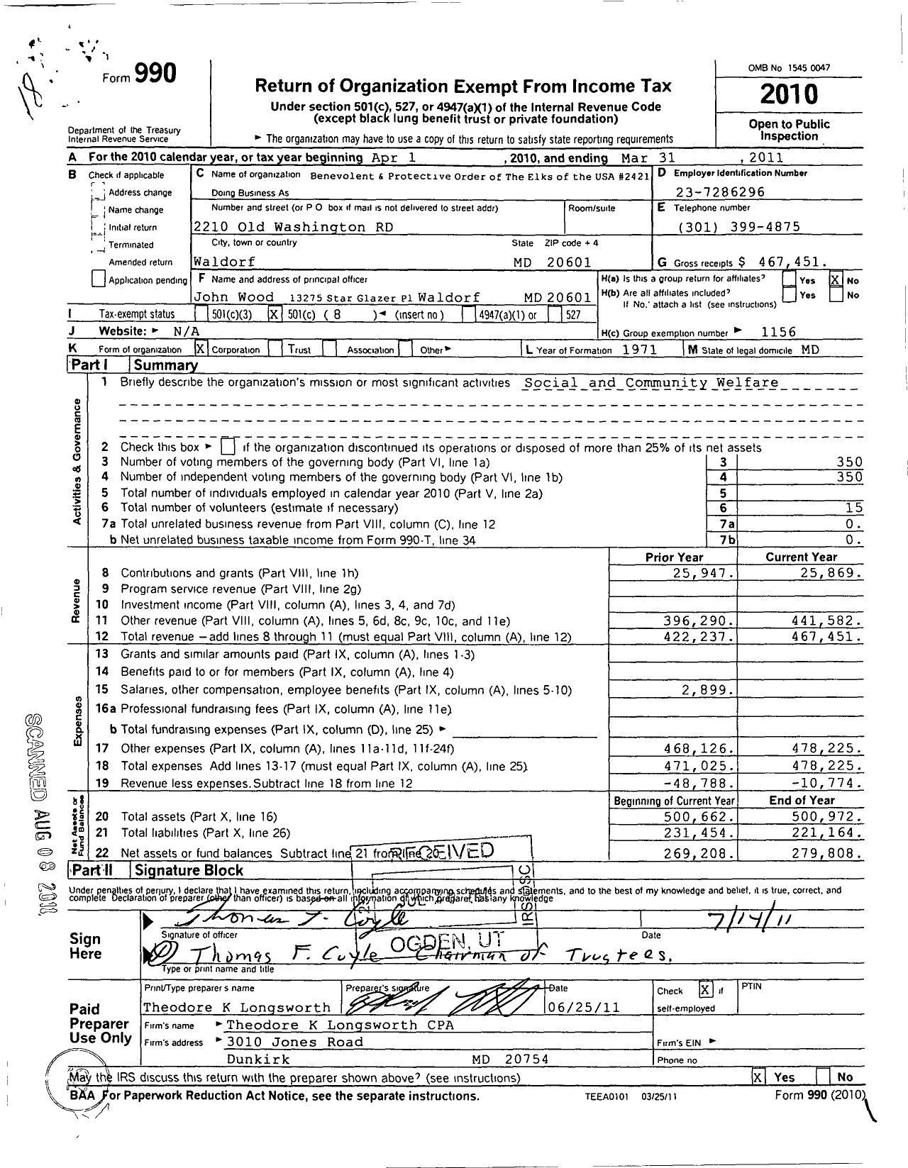 Image of first page of 2010 Form 990O for Benevolent and Protective Order of Elks - 2421 Waldorf