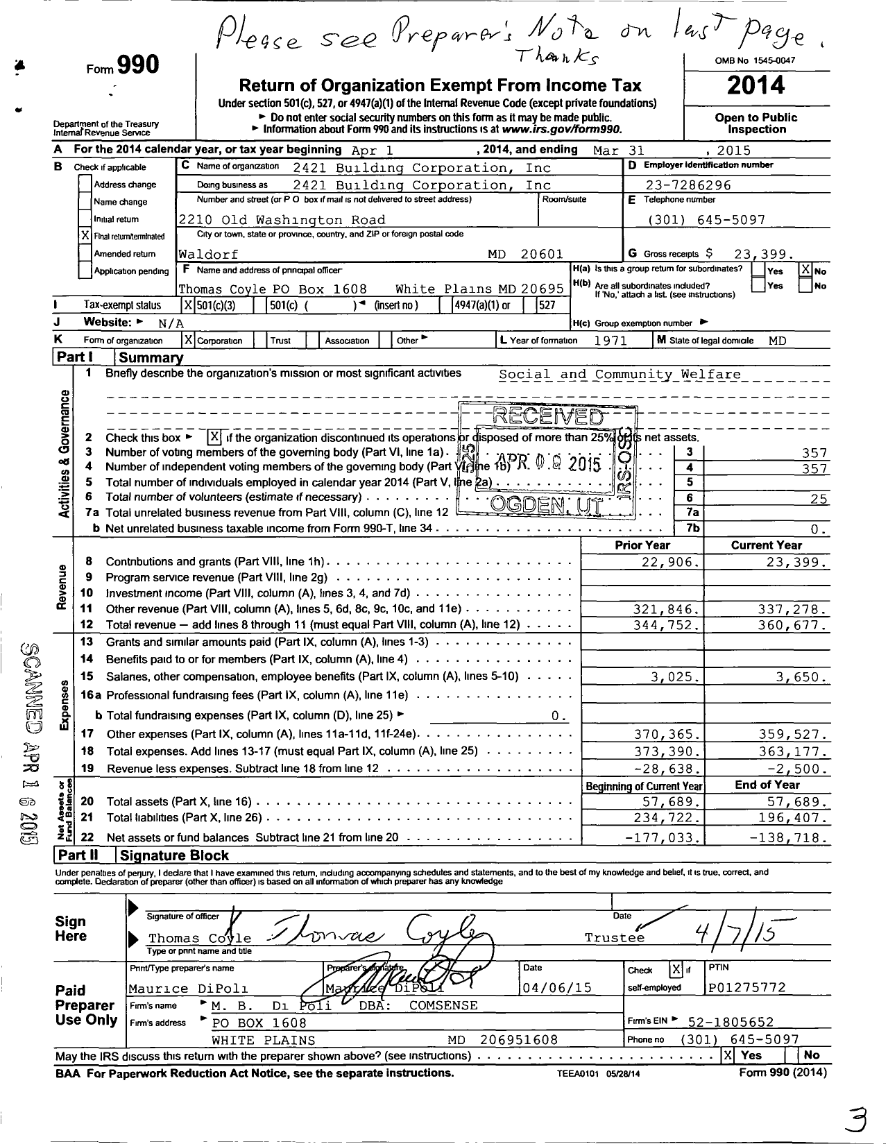 Image of first page of 2014 Form 990 for Benevolent and Protective Order of Elks - 2421 Waldorf